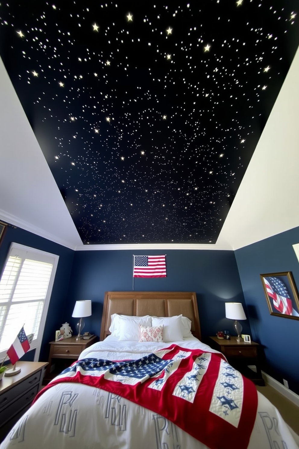 A serene bedroom featuring a starry night sky ceiling adorned with glowing decals that create a tranquil atmosphere. The walls are painted in a soft navy blue, and a cozy bed with plush white linens is centered beneath the celestial display. For Independence Day, the bedroom is decorated with red, white, and blue accents that evoke a festive spirit. A patriotic-themed quilt drapes over the bed, and small flags are placed on the nightstands for a celebratory touch.