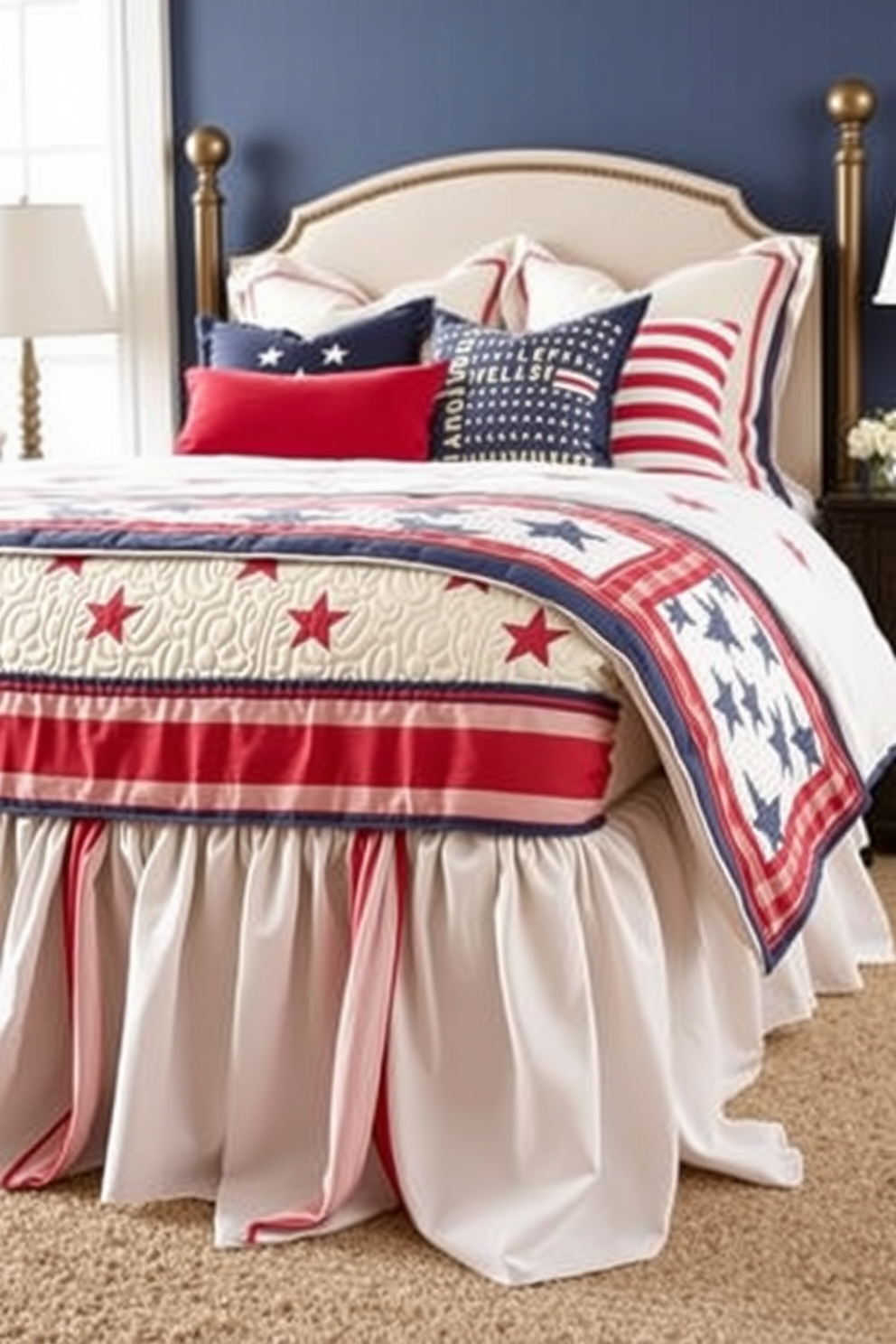 A vibrant bedroom setting featuring bookshelves decorated in a red white and blue theme. The shelves are filled with patriotic books and decorative items such as stars and stripes accents, creating a festive atmosphere for Independence Day.