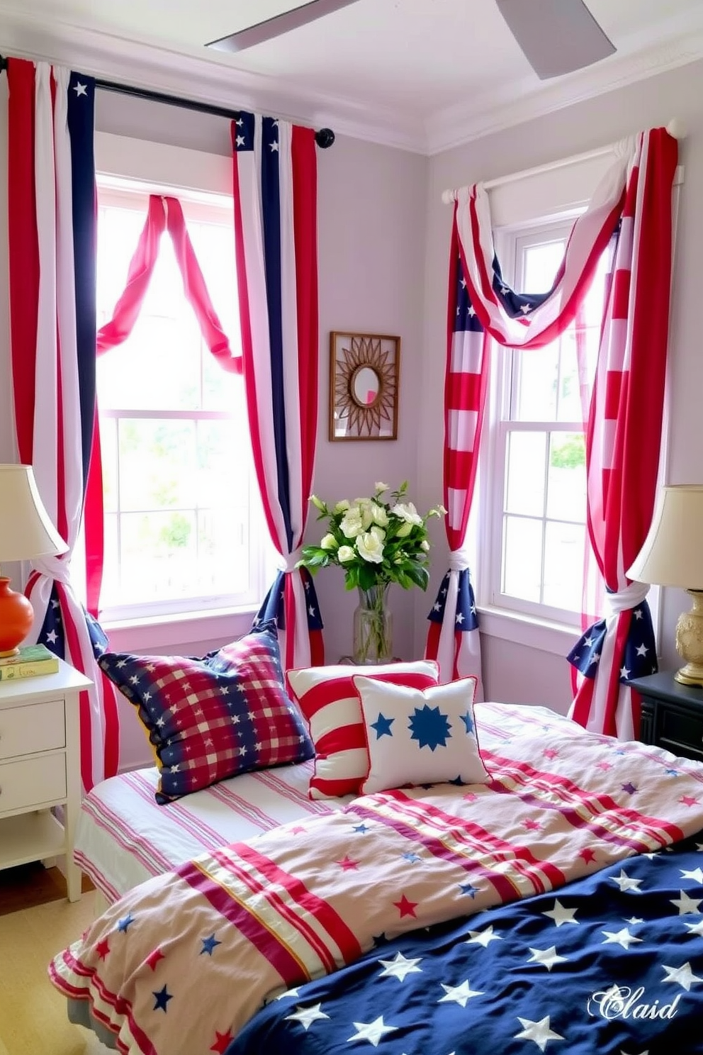 A cozy bedroom featuring decorative baskets in red, white, and blue hues. The baskets are arranged artfully on a rustic wooden shelf, adding a festive touch to the Independence Day theme.