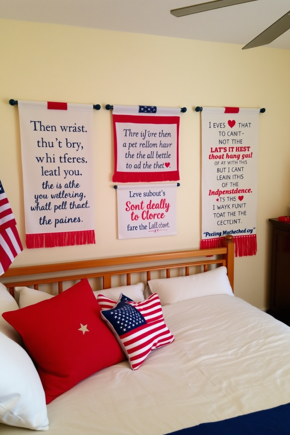 A cozy bedroom adorned with vintage Americana collectibles celebrating Independence Day. The walls are painted in a soft blue hue, and a rustic wooden bed frame is the centerpiece, draped with a red and white striped quilt. On a nearby dresser, an arrangement of vintage flags and star-spangled decor pieces adds a festive touch. The floor is covered with a woven area rug, and a small side table holds a collection of antique books and a decorative lantern.