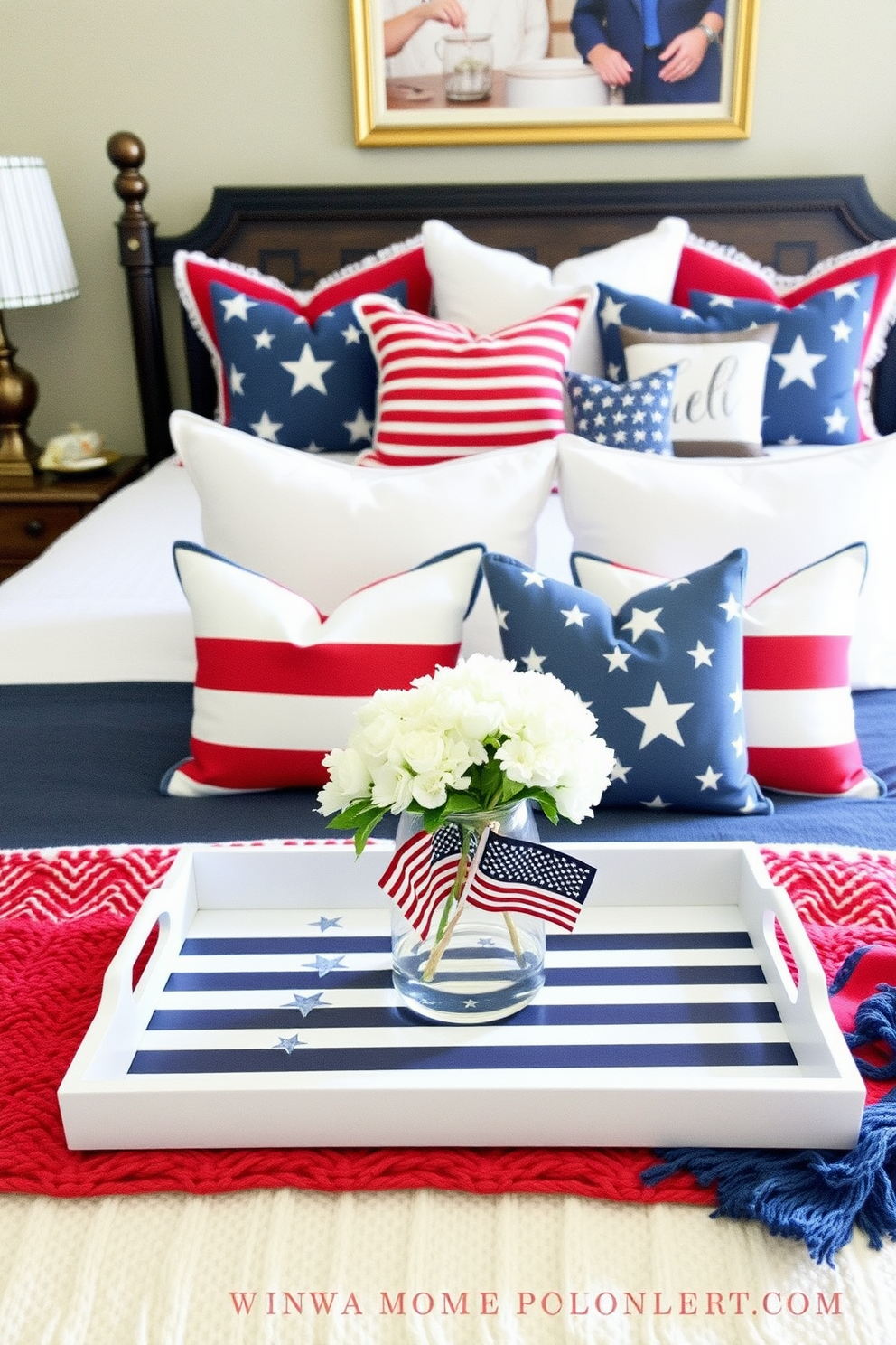 Create a cozy bedroom setting that celebrates Independence Day. Incorporate decorative trays featuring patriotic motifs such as stars and stripes, placed on bedside tables and dressers. Use a color palette of red, white, and blue throughout the room. Add festive throw pillows and blankets to enhance the patriotic theme while maintaining a stylish and inviting atmosphere.