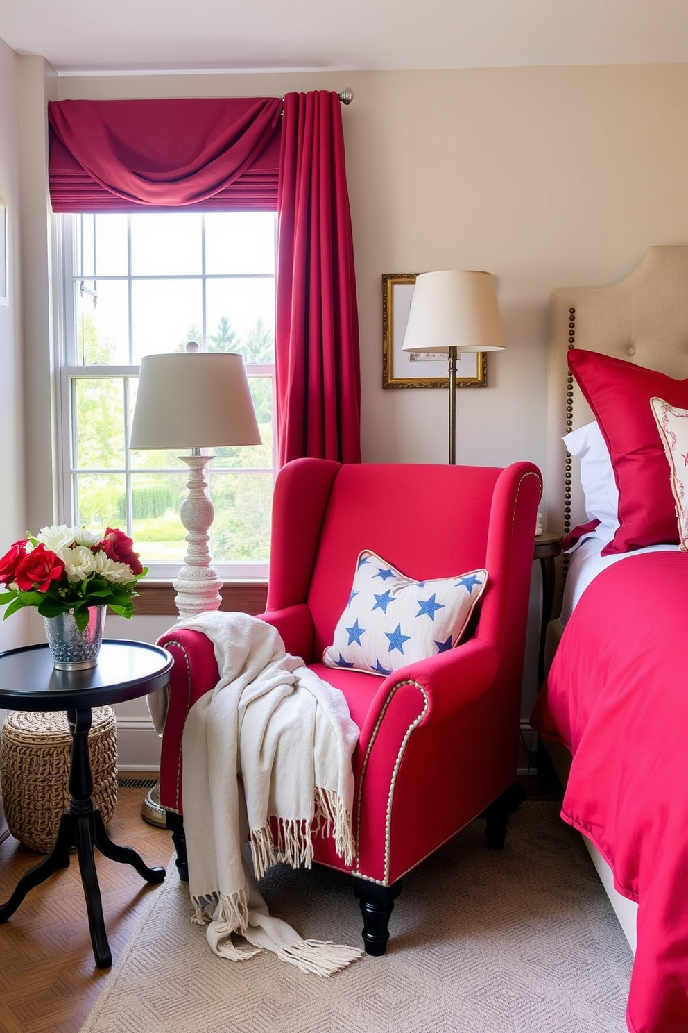 A cozy bedroom setting featuring a red white and blue accent chair that embodies the spirit of Independence Day. The chair is positioned near a window, with a soft throw blanket draped over one arm and a small side table holding a festive arrangement of red and white flowers.