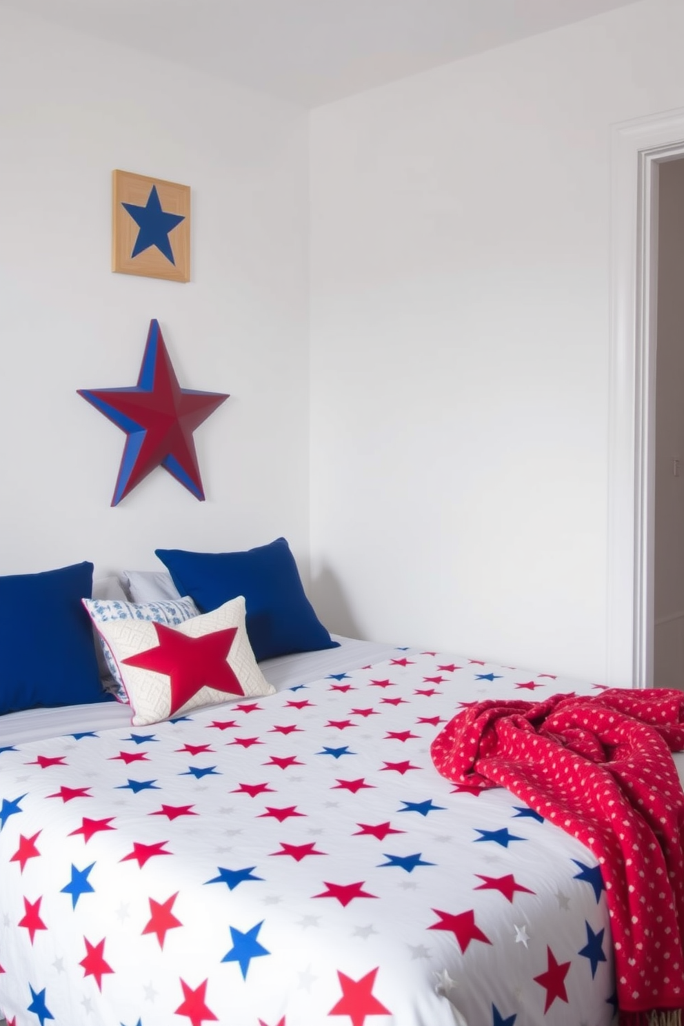 A vibrant bedroom featuring a star patterned bedspread that adds a playful touch. The walls are painted in a crisp white, and red and blue accents are incorporated through decorative pillows and a cozy throw.