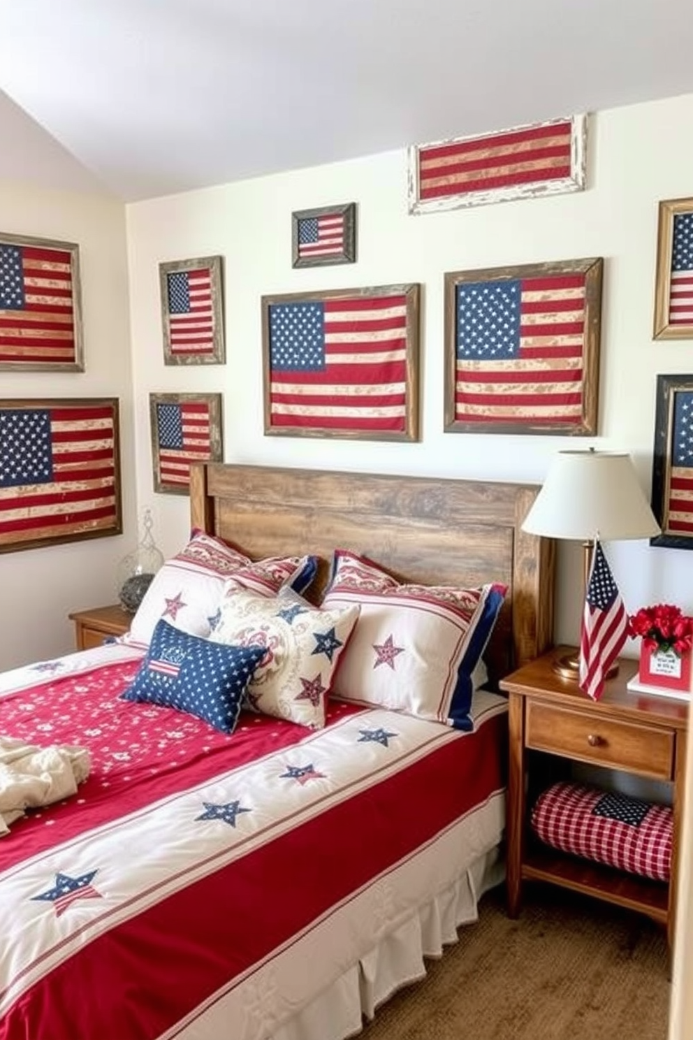 A cozy bedroom featuring vintage American flags as wall art. The walls are adorned with various sizes of flags in distressed frames, creating a patriotic focal point. The bedding is a mix of red white and blue patterns complemented by neutral tones. A rustic wooden headboard adds warmth while vintage-inspired accessories enhance the Independence Day theme.