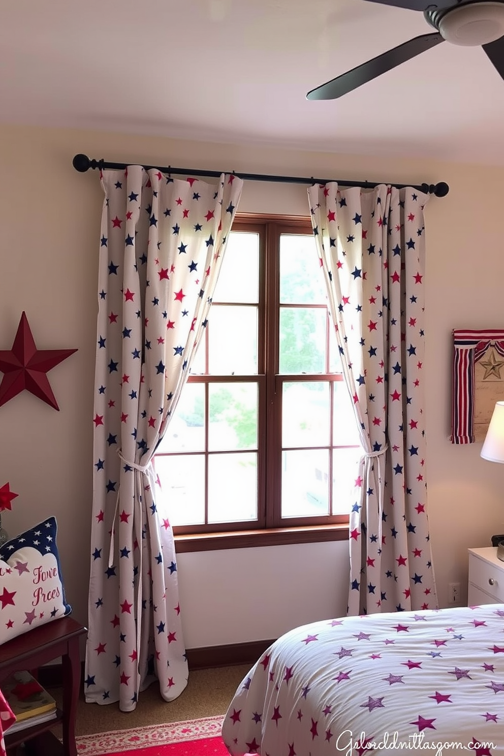 Create a cozy bedroom setting adorned with star patterned curtains that evoke a festive atmosphere for Independence Day. The curtains frame a large window, allowing soft natural light to filter in, while red, white, and blue accents are incorporated throughout the decor.