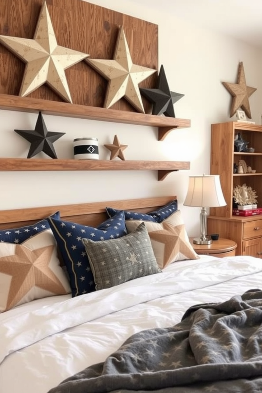 A cozy bedroom adorned with decorative lanterns in red, white, and blue, celebrating Independence Day. The lanterns hang from the ceiling and are placed on bedside tables, casting a warm glow throughout the room. The walls are painted in a soft white, complemented by a navy blue accent wall behind the bed. A quilt featuring stars and stripes covers the bed, with fluffy white pillows adding a touch of comfort.