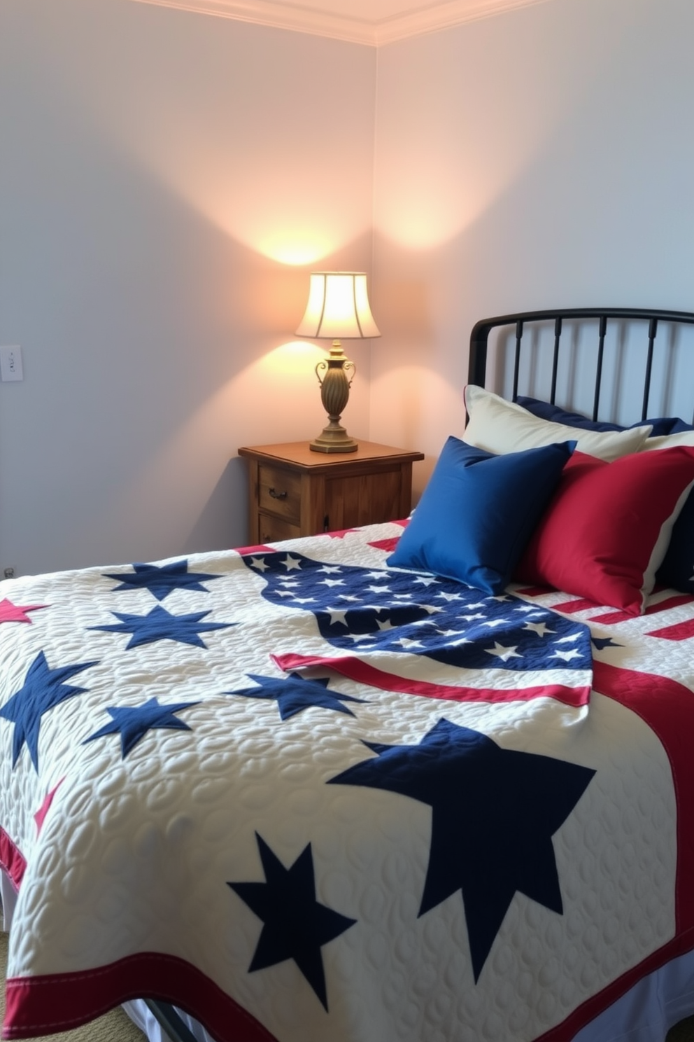 Rustic wooden signs adorned with patriotic quotes hang on the walls, adding a festive touch to the space. The bedroom features a cozy color palette of deep reds, whites, and blues, complemented by soft, textured bedding for a welcoming atmosphere.