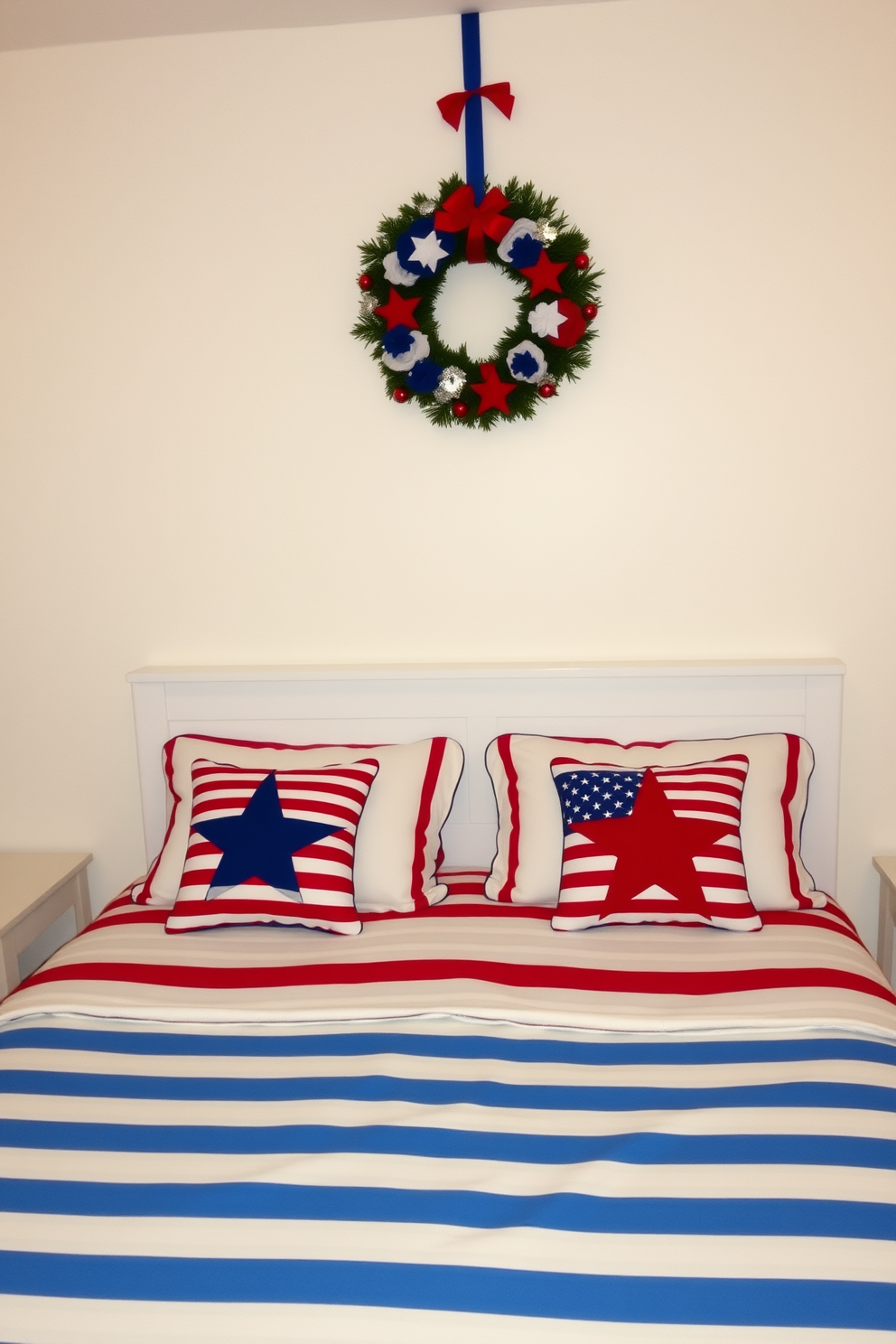 A festive table runner drapes elegantly over a nightstand, featuring vibrant red, white, and blue stripes that celebrate Independence Day. The runner is adorned with small stars and stripes, complementing a rustic wooden nightstand topped with a vintage lamp and a small potted plant. The nightstand is decorated with themed accessories, including a small American flag and a decorative candle in patriotic colors. Soft, warm lighting enhances the cozy atmosphere, making the bedroom feel inviting and festive for the holiday.