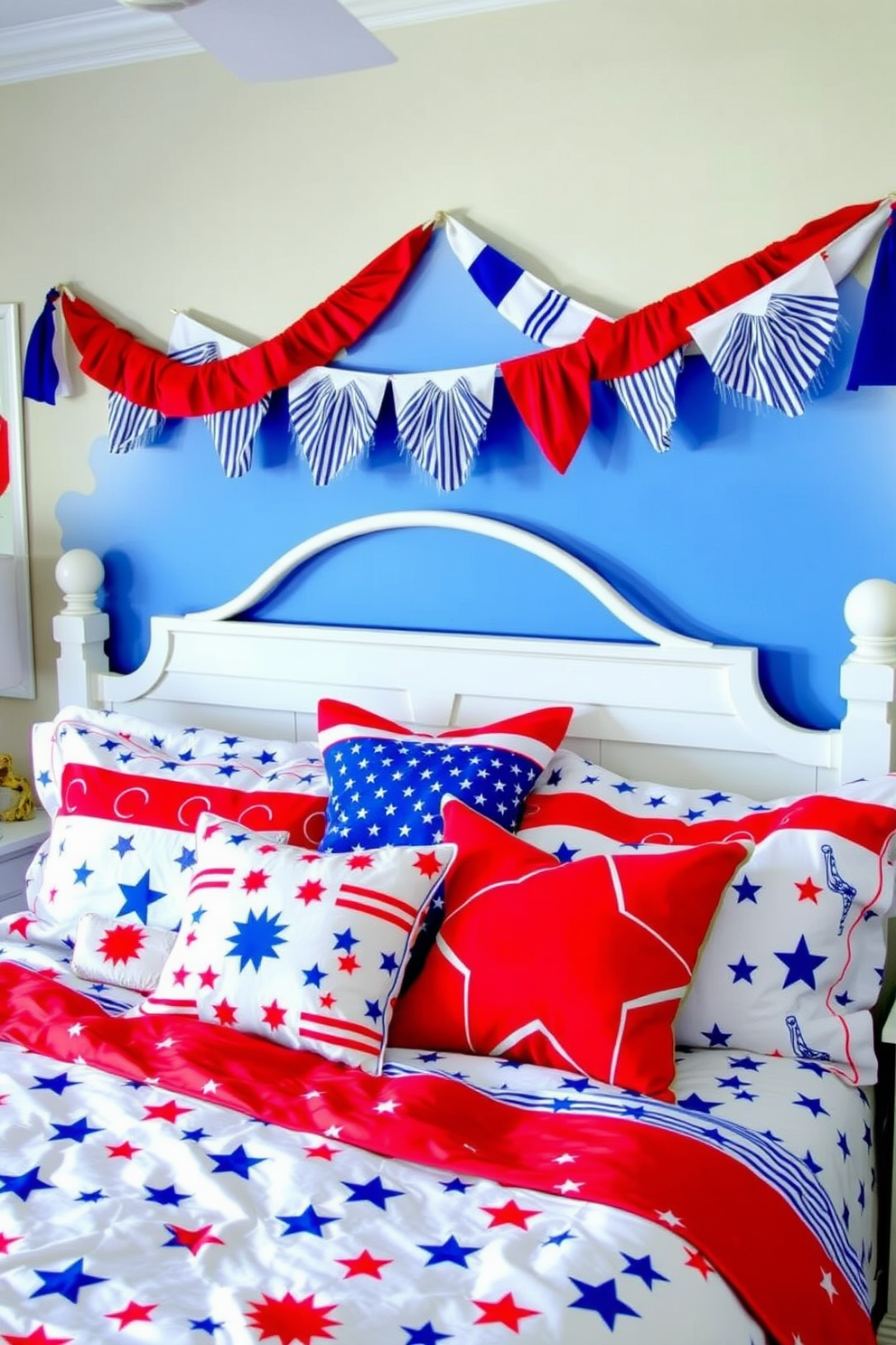 A vibrant bedroom featuring a red and white striped area rug that adds a festive touch to the space. The room is decorated with patriotic accents including throw pillows and wall art that celebrate Independence Day.