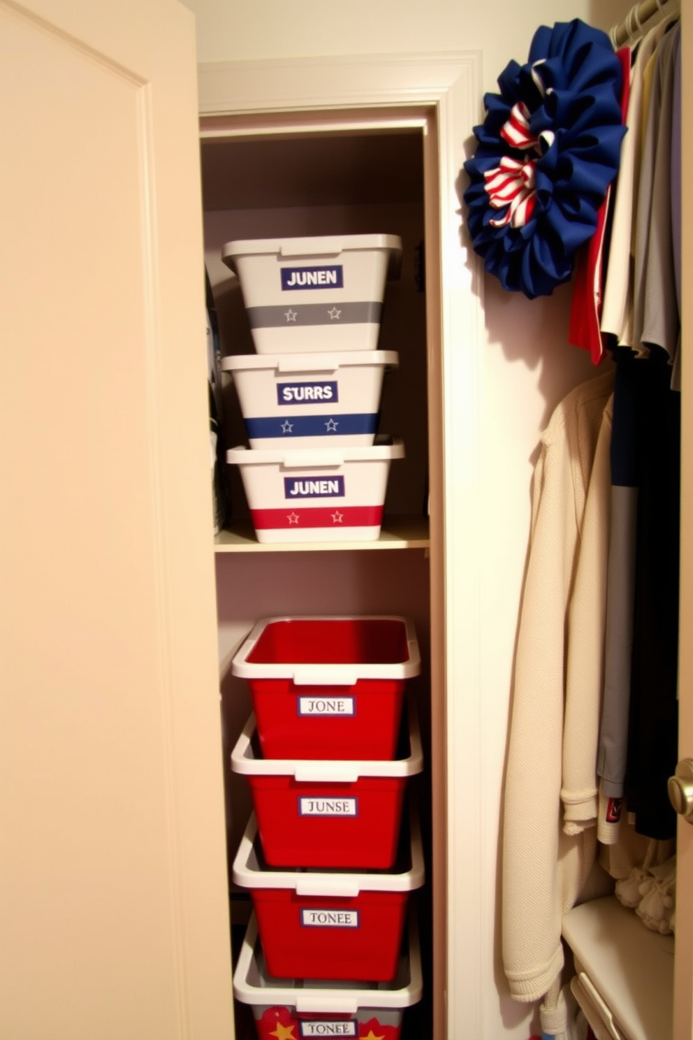 A vibrant closet space featuring red white and blue themed storage bins that celebrate Independence Day. The bins are neatly arranged on shelves, with decorative labels and accents that enhance the festive atmosphere.