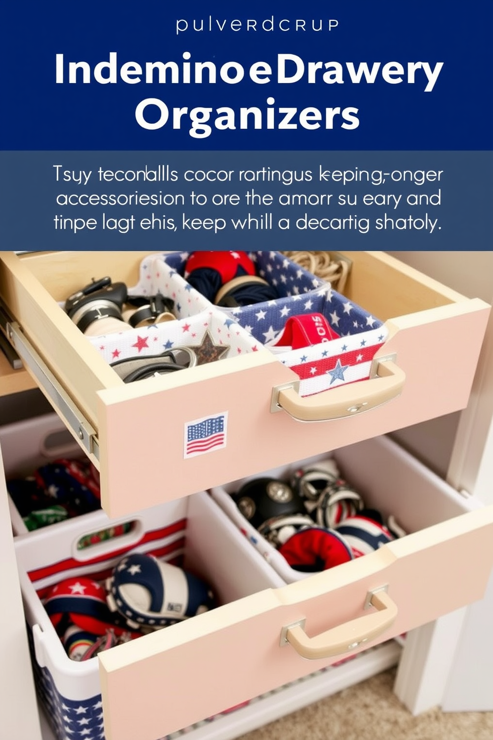 A patriotic ribbon is elegantly tied around neatly stacked storage boxes in a closet. The boxes are adorned with red, white, and blue colors, creating a festive atmosphere for Independence Day. The closet features organized shelves and hooks, showcasing themed decorations and accessories. Subtle lighting enhances the vibrant colors, making the space feel both celebratory and inviting.