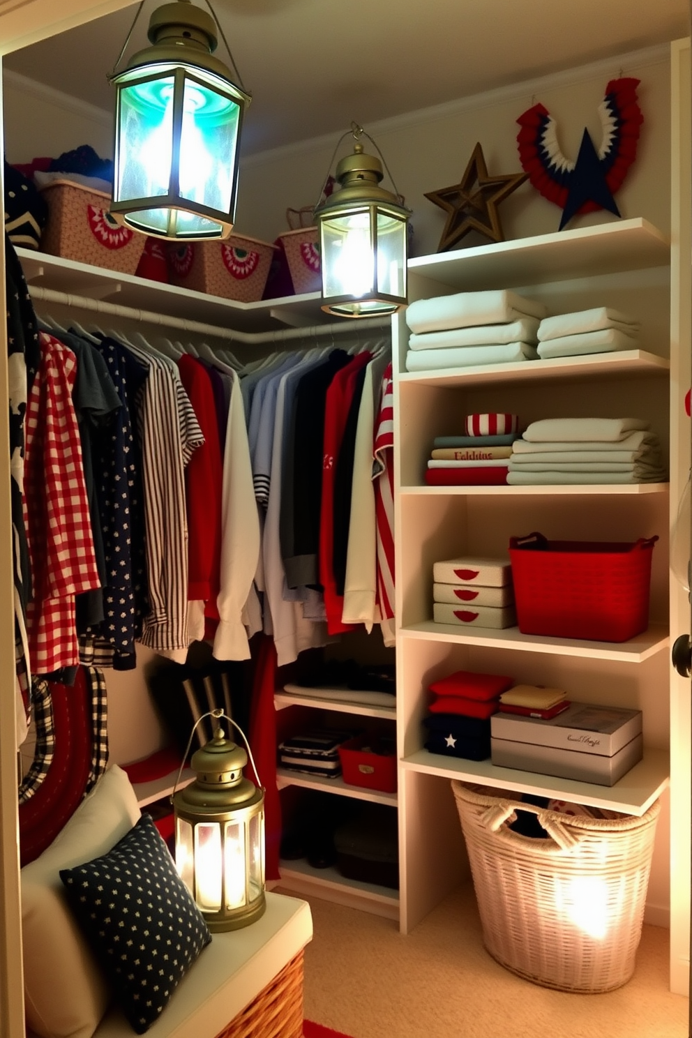 Create a cozy closet space illuminated by vintage lanterns that add a warm glow to the area. The walls are adorned with red white and blue accents to celebrate Independence Day while shelves are filled with neatly organized clothing and accessories.