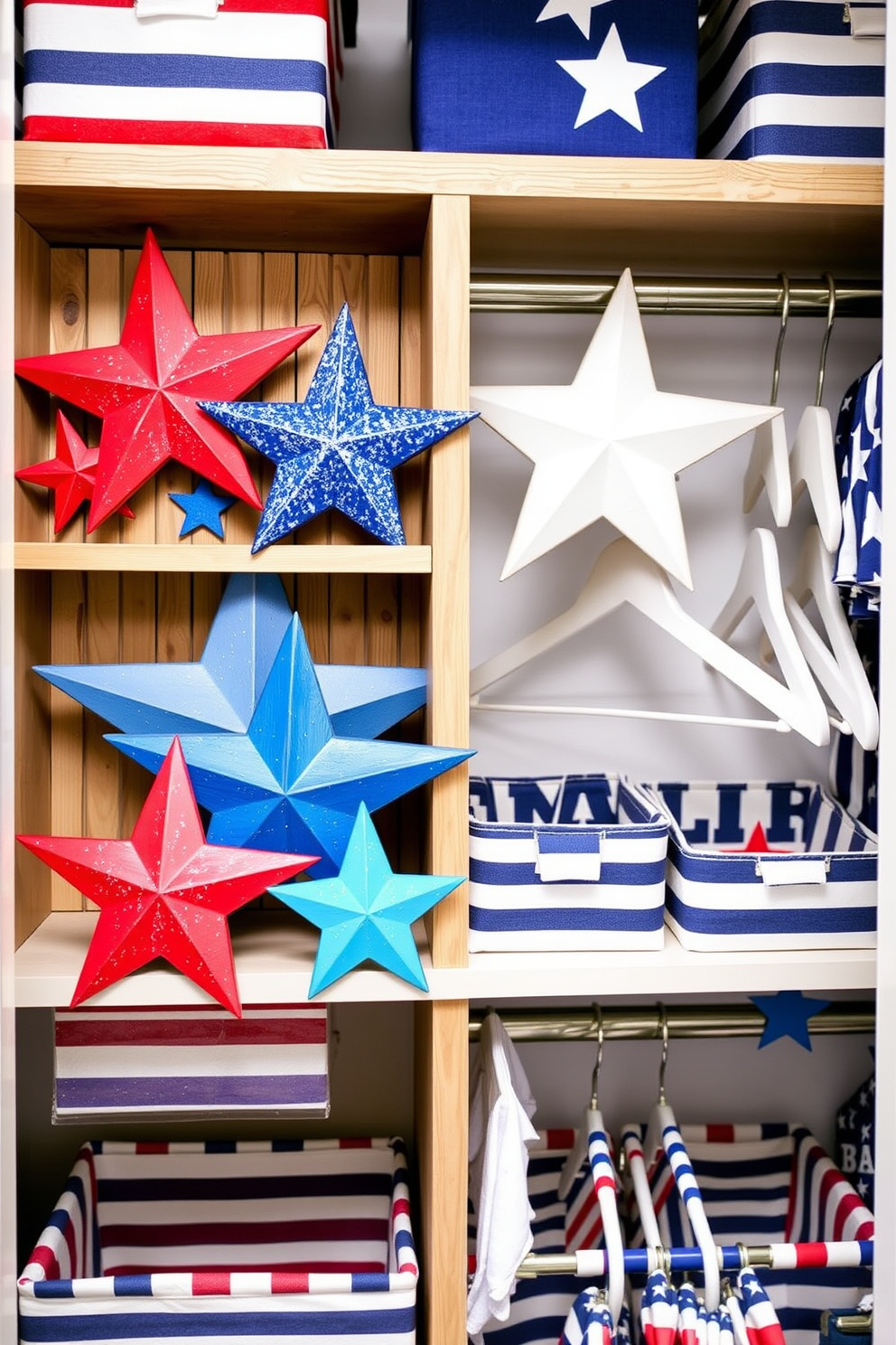 A collection of DIY painted wood stars in vibrant red white and blue colors is beautifully arranged on a rustic wooden shelf. The stars vary in size and are adorned with glitter to add a festive touch for Independence Day. The closet is creatively decorated with coordinating fabric bins and hangers that echo the patriotic theme. Stripes and stars in the closet decor create a cohesive and cheerful atmosphere for celebrating the holiday.