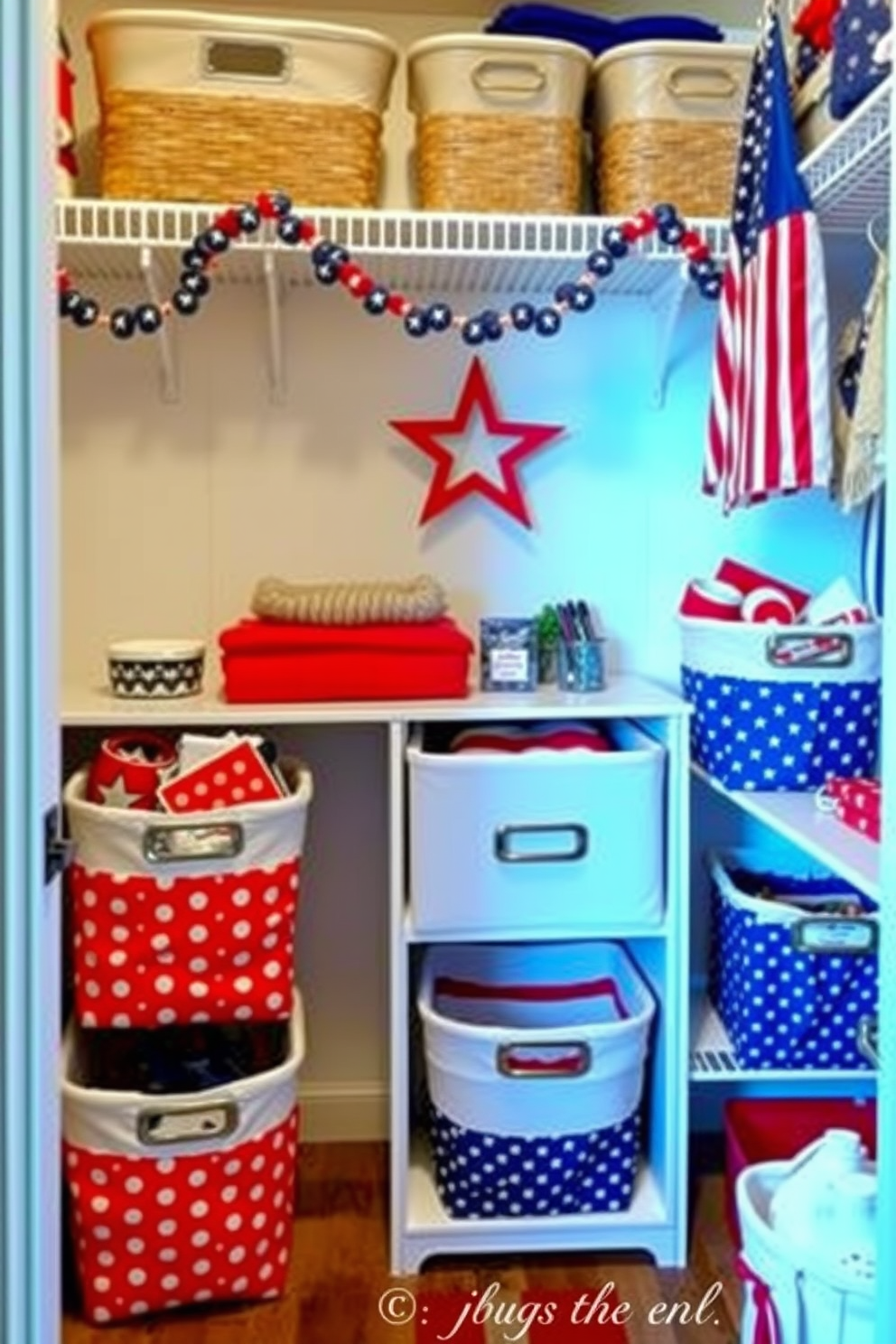 Create a cozy closet space decorated for Independence Day. Incorporate fabric storage baskets featuring red white and blue patterns to enhance the patriotic theme.