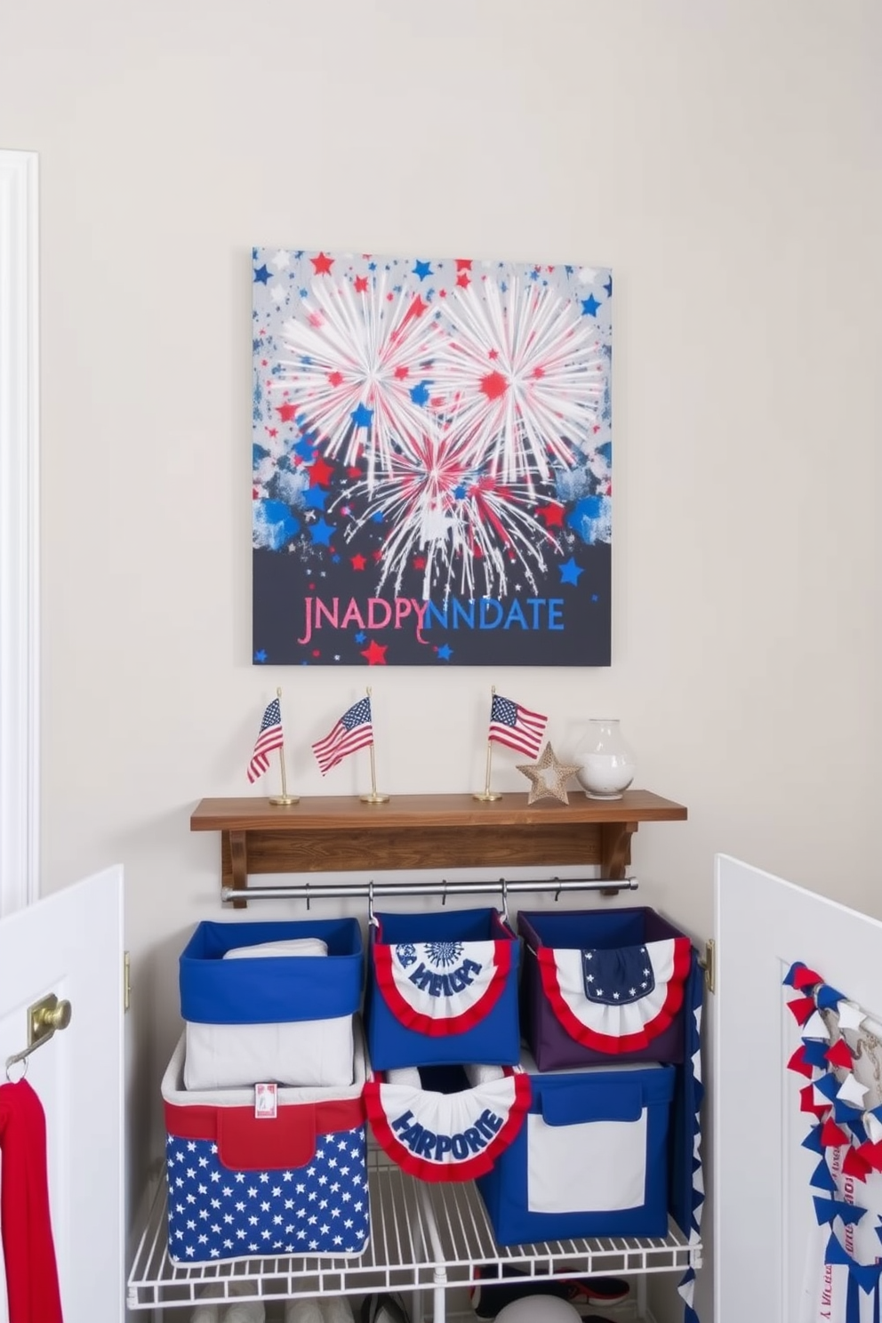 Create a vibrant and festive wall art display that celebrates Independence Day. Incorporate elements such as red, white, and blue colors, stars, and stripes to evoke the spirit of the holiday. Design a stylish closet space that reflects a patriotic theme. Use decorative storage solutions and accessories that showcase the colors and symbols of Independence Day while maintaining an organized and functional layout.