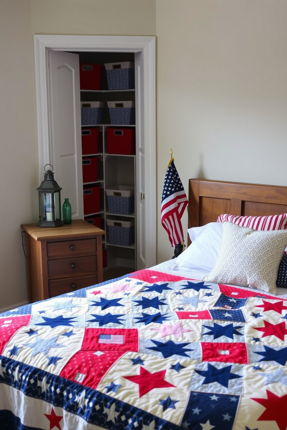 A cozy bedroom setting featuring a red white and blue themed quilt draped over a neatly made bed. The quilt showcases stars and stripes patterns, adding a festive touch to the room. Next to the bed, a rustic wooden nightstand holds a small American flag and a decorative lantern. The closet is organized with matching red white and blue storage bins, creating a cohesive and patriotic look.