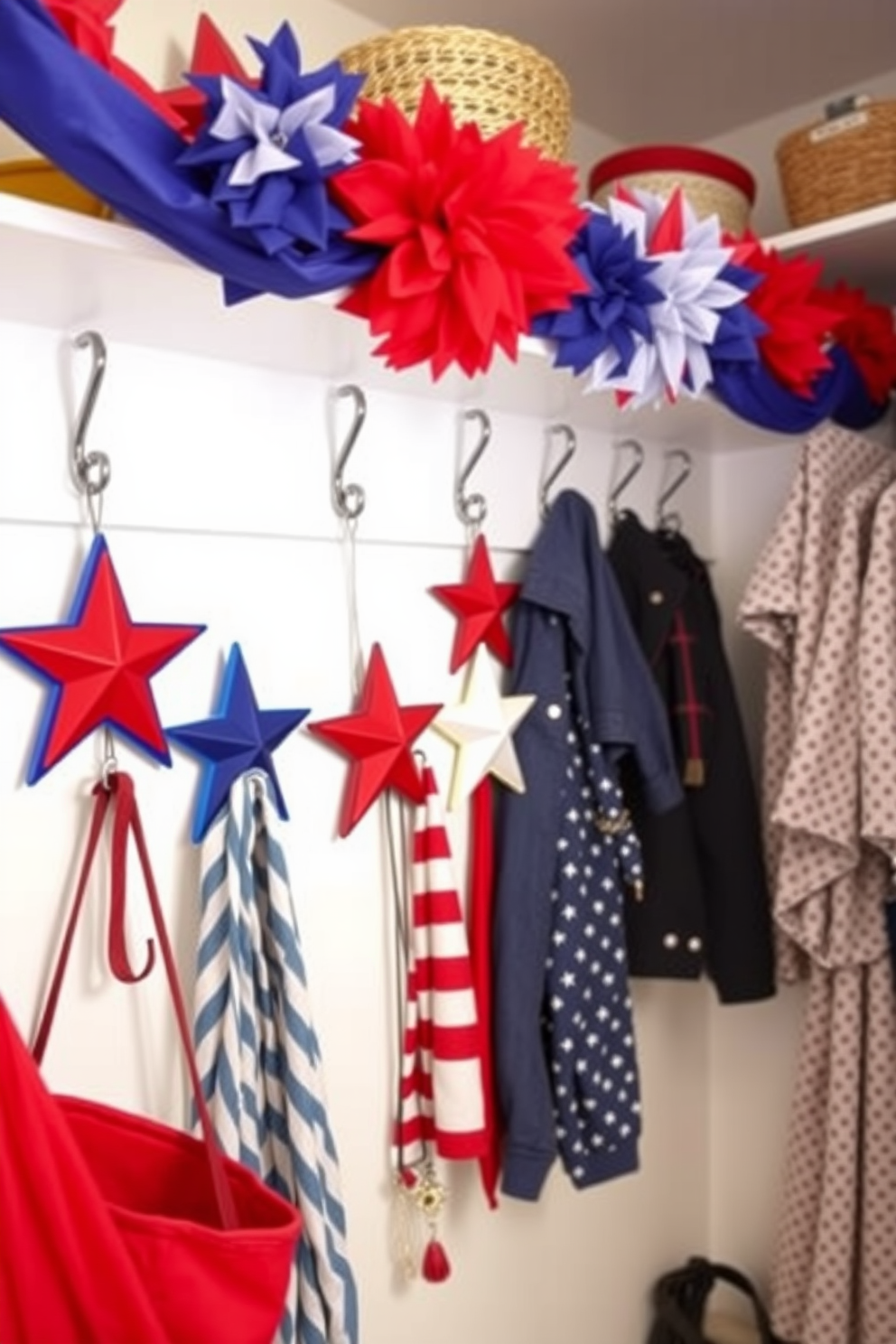 Create an inviting closet space decorated for Independence Day. Incorporate star shaped hooks in a vibrant red, white, and blue color scheme to hang various items and accessories.