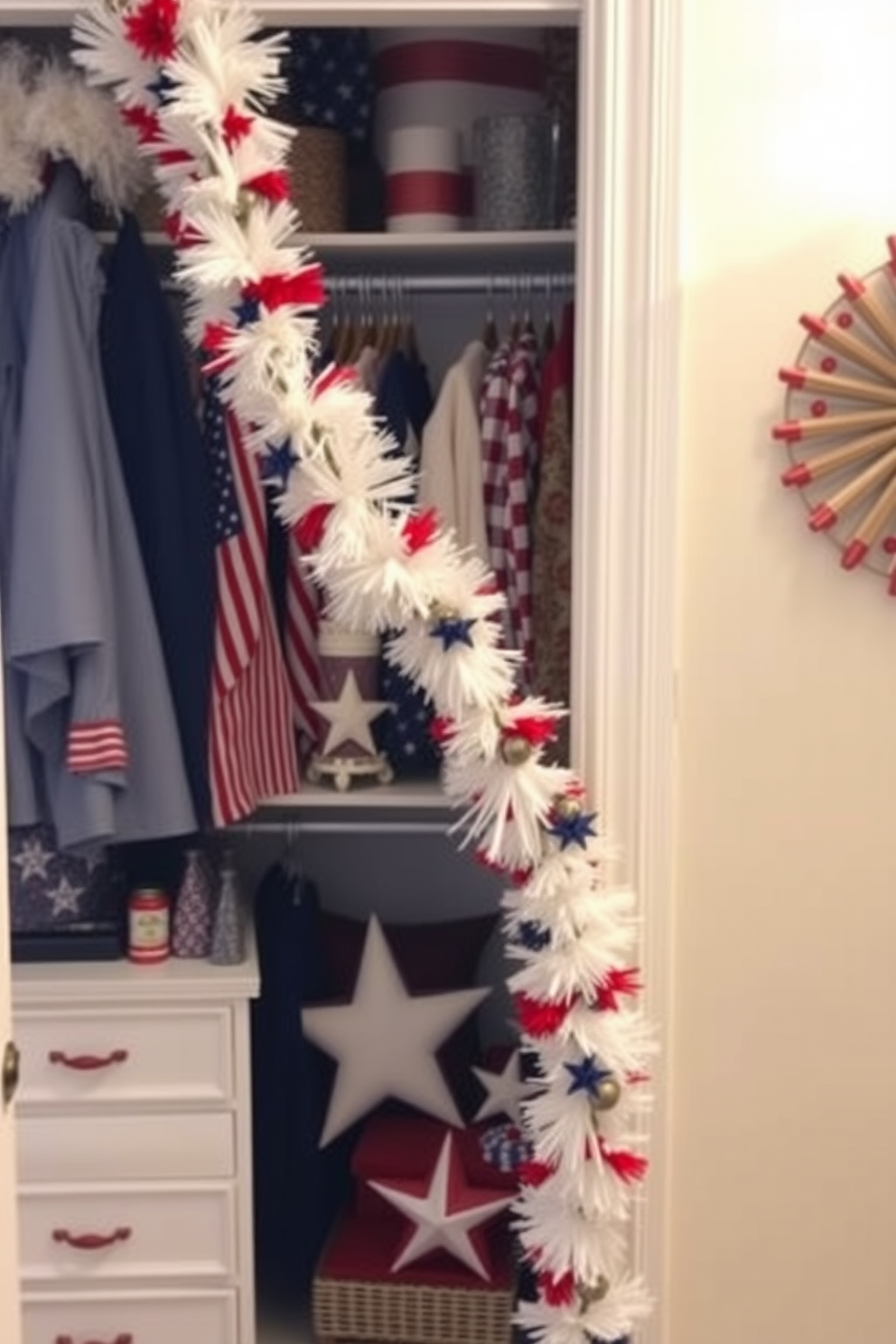 A festive garland is elegantly draped around a stylish closet, adorned with red white and blue accents to celebrate Independence Day. The closet features a mix of patriotic decorations including stars and stripes elements that enhance the festive atmosphere.