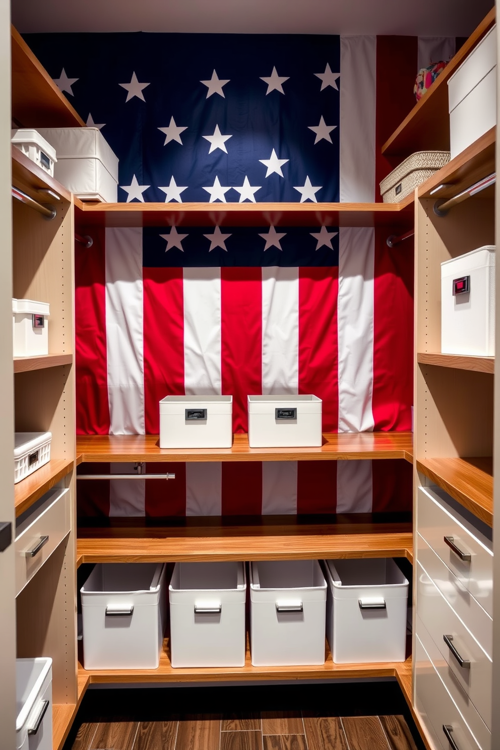 Create a vibrant closet space featuring patriotic themed drawer liners that celebrate Independence Day. The liners showcase red white and blue patterns with stars and stripes adding a festive touch to the drawers. Incorporate decorative elements such as small American flags and themed accessories throughout the closet. Use a mix of bold colors and textures to enhance the overall patriotic ambiance while maintaining a stylish and organized look.