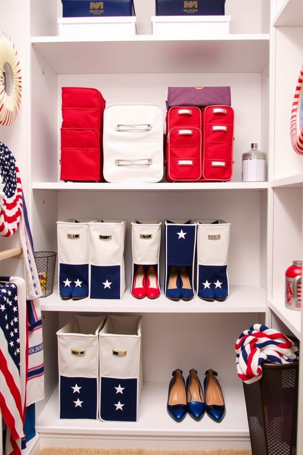 A stylish closet showcasing patriotic colored shoe organizers in red white and blue. The organizers are arranged neatly on shelves with a backdrop of white walls and festive decorations for Independence Day.