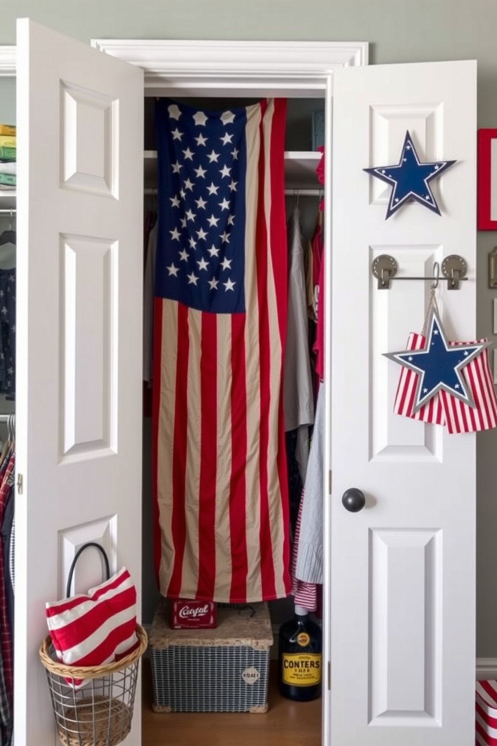 Create a festive closet scene decorated for Independence Day. The space features patriotic hangers in red white and blue with stars and stripes designs showcasing an array of clothing items.