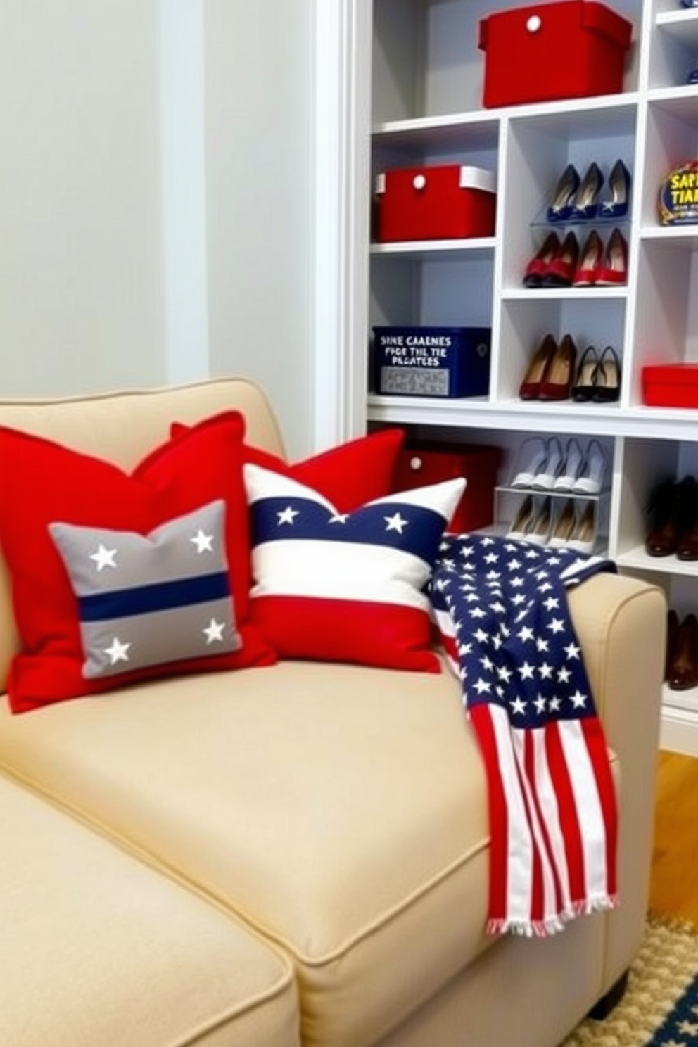 Create a cozy living space featuring red white and blue themed pillows that celebrate Independence Day. The pillows should be arranged on a comfortable sofa with a patriotic throw blanket draped over the armrest. Design a stylish closet that incorporates red white and blue accents to reflect a festive spirit. Include shelves for shoes and accessories that complement the overall theme while maintaining a clean and organized look.