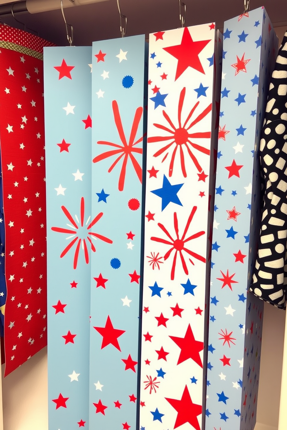 Create a cheerful closet space decorated for Independence Day. Incorporate red, white, and blue fabric storage bins that add a festive touch while providing functional organization.