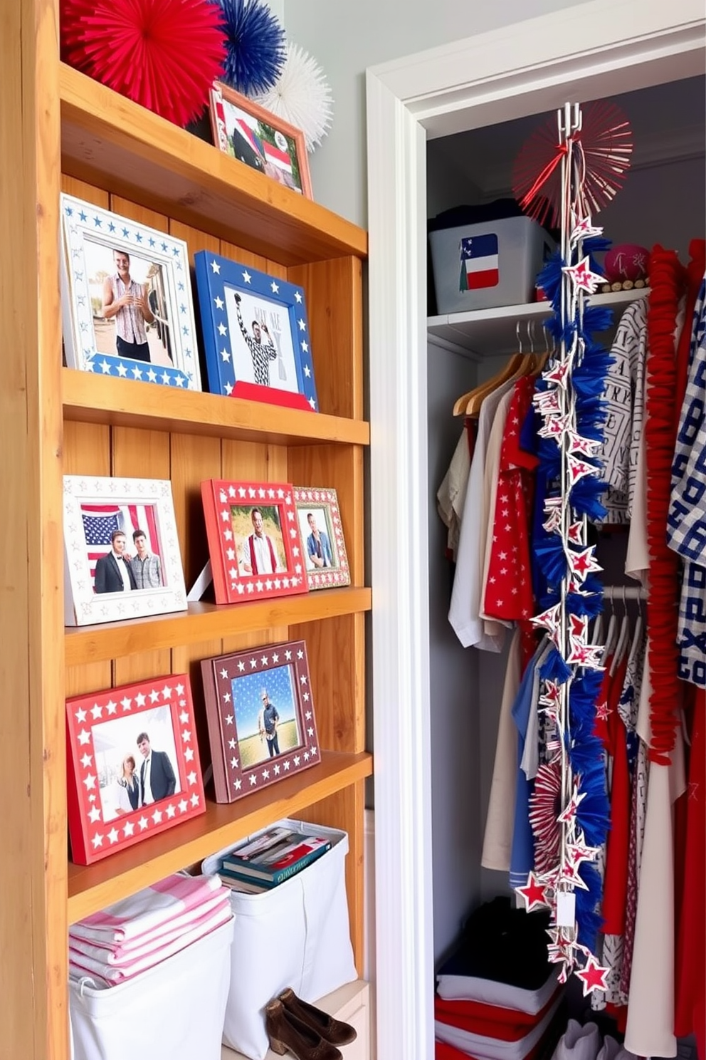 Independence Day themed photo frames displayed on a rustic wooden shelf. The frames are adorned with red white and blue colors featuring stars and stripes designs. A vibrant and festive closet decorated with Independence Day themed accessories. The shelves are filled with red white and blue clothing items and patriotic decorations hang from the closet rod.