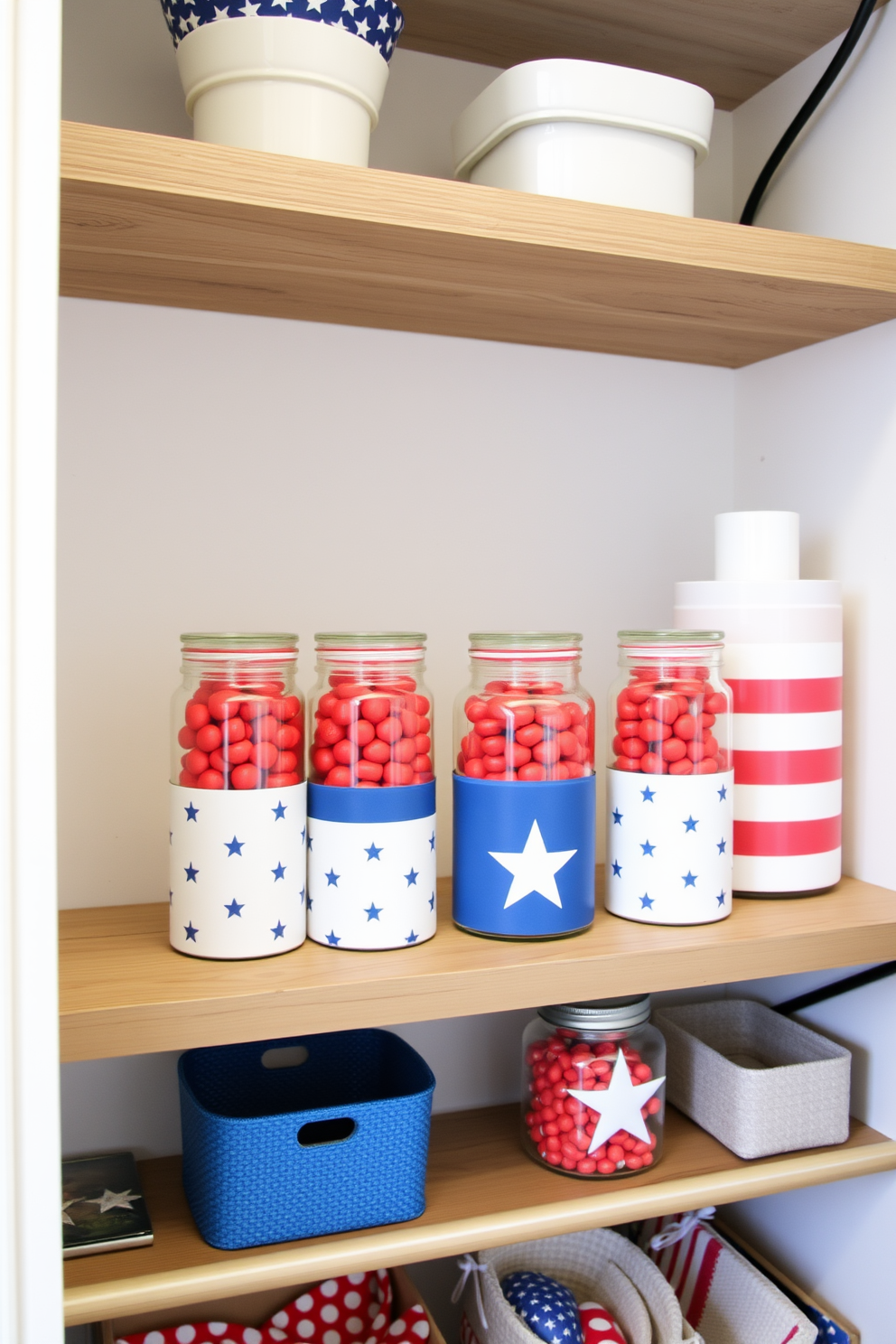 Decorative jars filled with red candies arranged on a rustic wooden shelf. The jars are of varying heights, showcasing the vibrant red candies that evoke a festive atmosphere. Independence Day closet decorating ideas featuring red white and blue accents. Elegant storage solutions incorporate stars and stripes patterns while maintaining a cohesive and organized look.