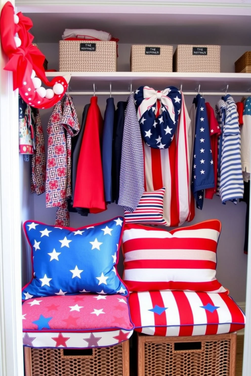 A vibrant and festive closet space decorated for Independence Day. The cushions are upholstered in red, white, and blue themed fabric featuring stars and stripes, creating a patriotic atmosphere.