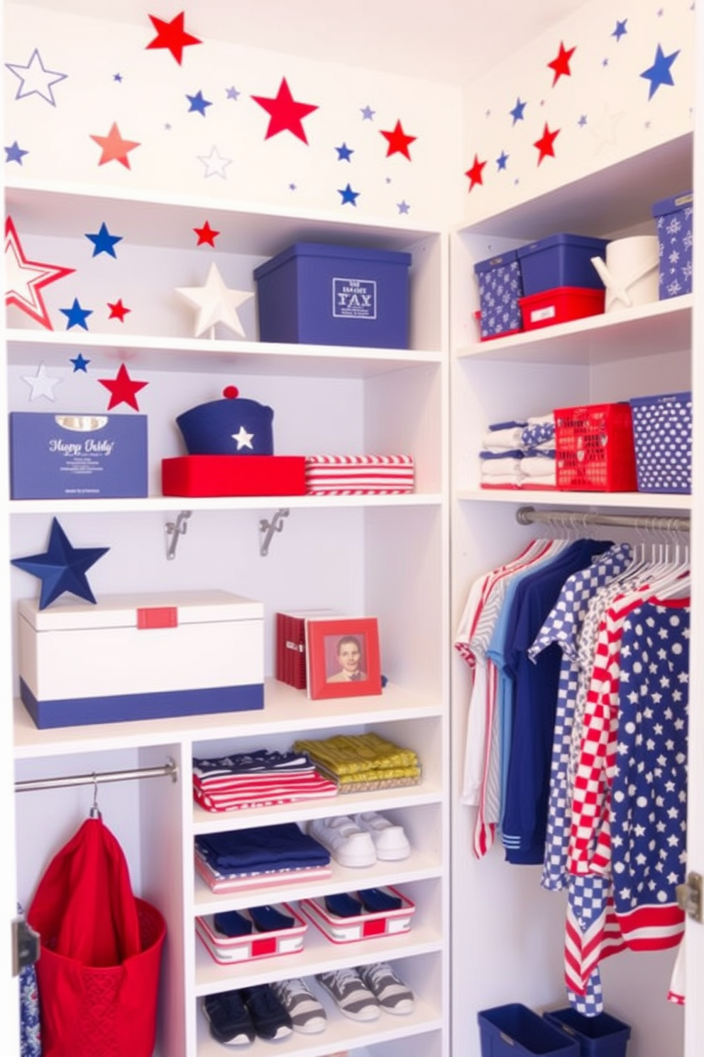 A vibrant closet decorated with stars and stripes wall decals celebrating Independence Day. The walls are adorned with red white and blue accents while shelves display neatly organized clothing and accessories.