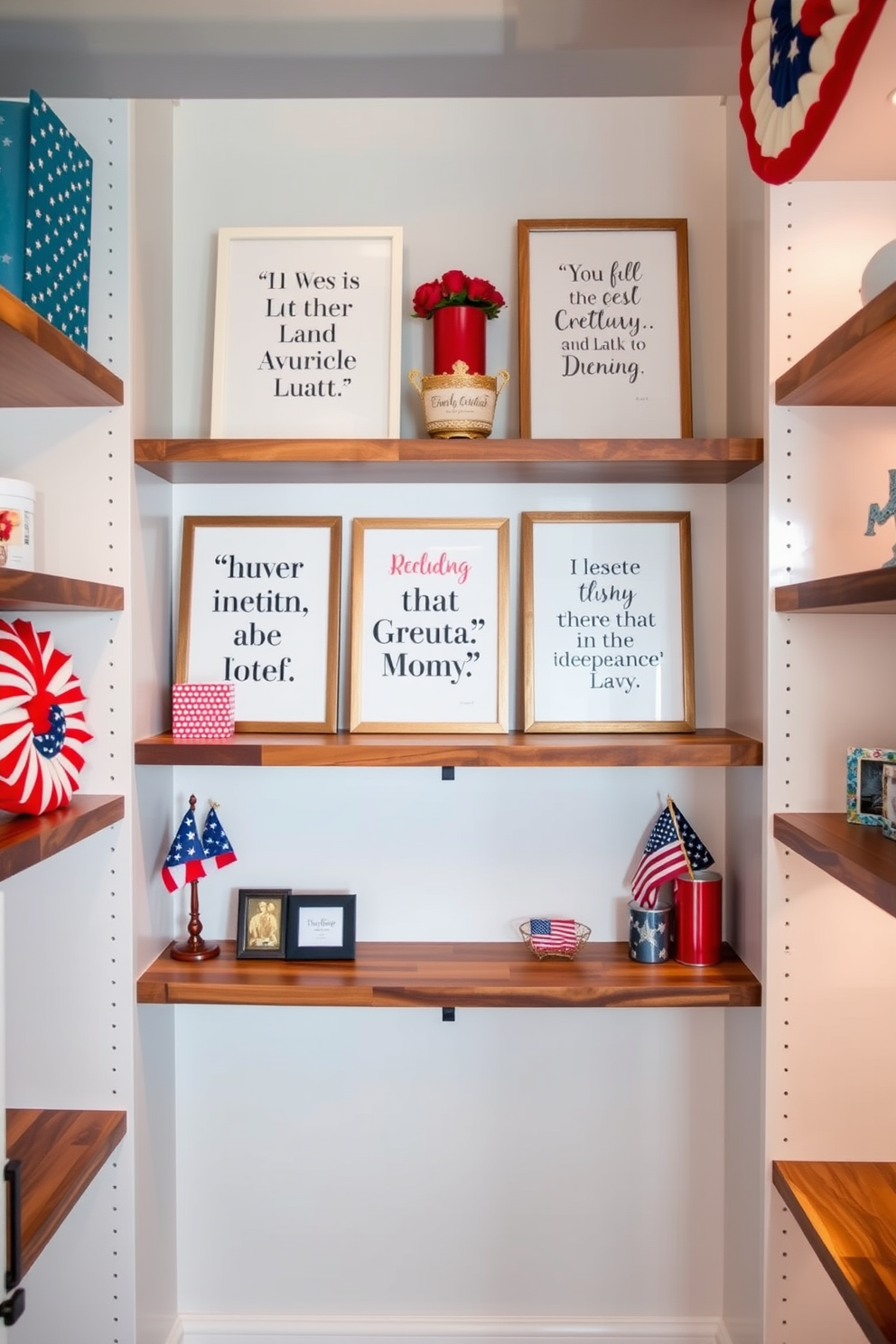 A stylish closet adorned with shelves displaying framed patriotic quotes that celebrate Independence Day. The shelves are made of reclaimed wood, creating a warm contrast against the crisp white walls. Colorful decorations and themed accessories are thoughtfully arranged to enhance the festive atmosphere. Soft lighting highlights the quotes, creating an inviting and inspiring space.