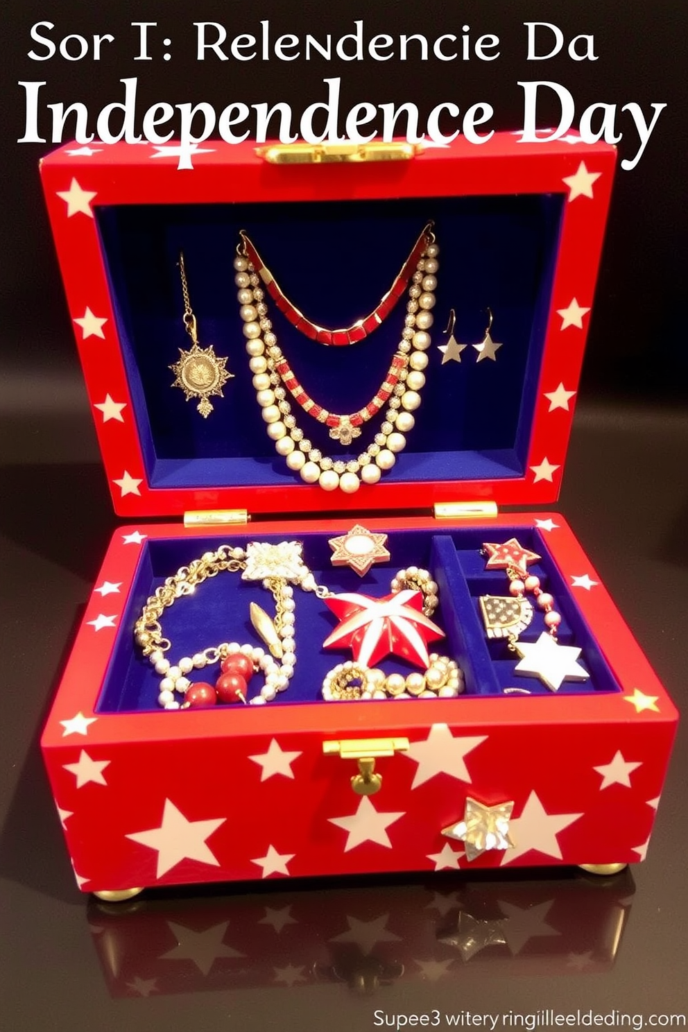 A vibrant jewelry box designed for Independence Day features a red exterior adorned with white stars and a blue velvet interior. The box is filled with an array of patriotic-themed jewelry, including necklaces, bracelets, and earrings that celebrate the spirit of the holiday.