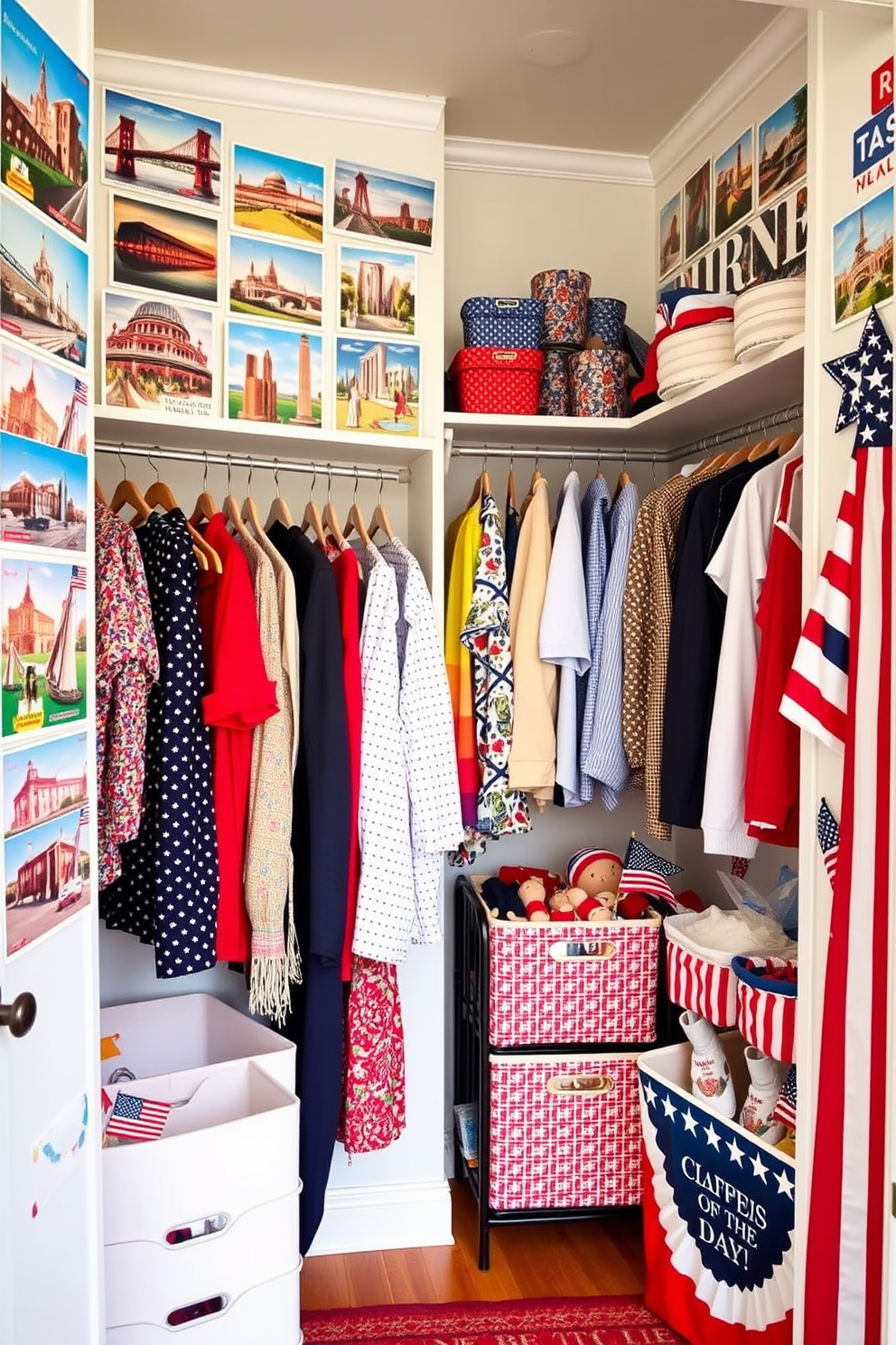 A charming closet adorned with vintage postcards showcasing iconic landmarks and nostalgic scenes. The postcards are artfully arranged on the walls, creating a colorful and whimsical backdrop for the clothing and accessories stored within. Red, white, and blue accents celebrate Independence Day, with stars and stripes incorporated into the closet decor. Festive touches like small flags and themed storage bins enhance the patriotic spirit while keeping the space organized.