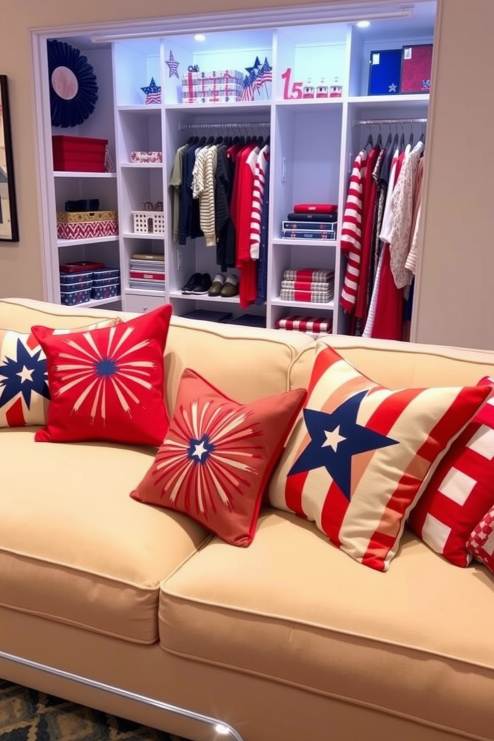 Firework inspired decorative pillows in vibrant red blue and white colors scattered across a plush cream sofa. The pillows feature bold star and stripe patterns creating a festive atmosphere perfect for celebrating Independence Day. A stylish closet decorated with themed accessories including small American flags and star-shaped ornaments. Soft lighting highlights the neatly organized shelves filled with seasonal clothing and accessories in patriotic colors.