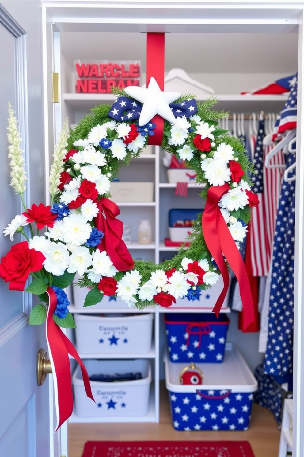 A patriotic wreath adorns the entrance to the closet, featuring red white and blue flowers and ribbons. The closet interior is decorated with festive touches that celebrate Independence Day, including themed storage bins and star-spangled accents.