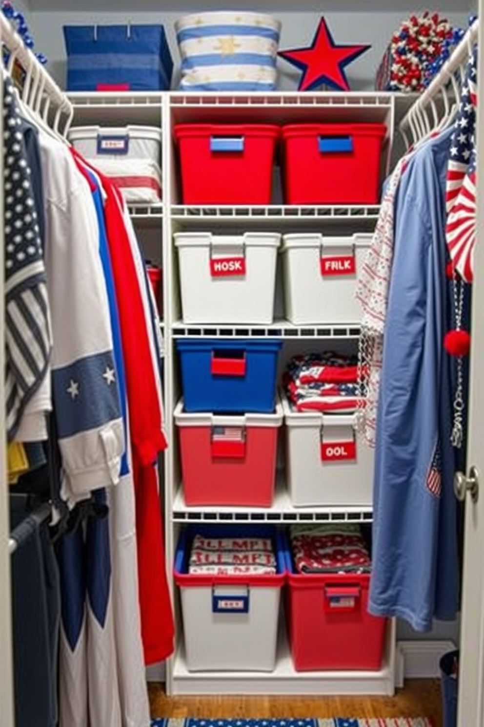 A festive closet design for holiday clothing themed around Independence Day. The closet features red white and blue storage bins neatly organized on shelves with patriotic decorations adorning the walls.