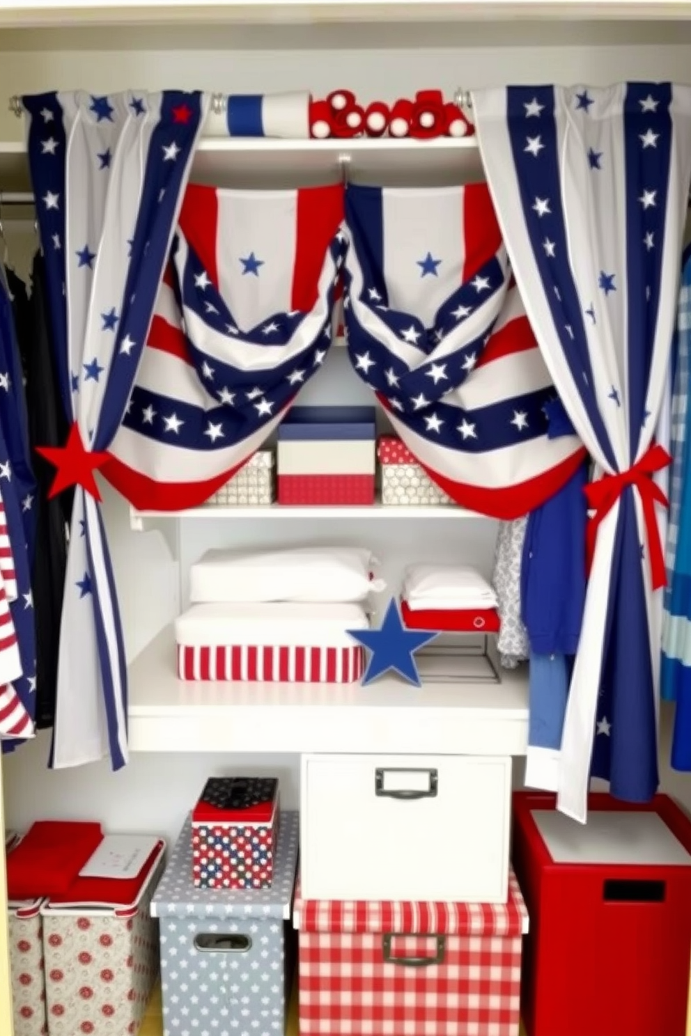 Create a festive and patriotic closet space decorated with stars and stripes fabric curtain panels to celebrate Independence Day. The closet features a stylish arrangement of red, white, and blue accessories, with neatly folded clothes and decorative storage boxes that enhance the theme.