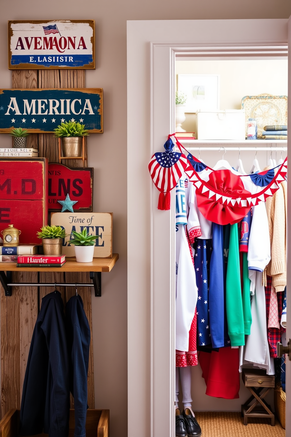 Create a vibrant closet space decorated for Independence Day. Incorporate red and blue baskets for organization, adding a festive touch to the overall design.