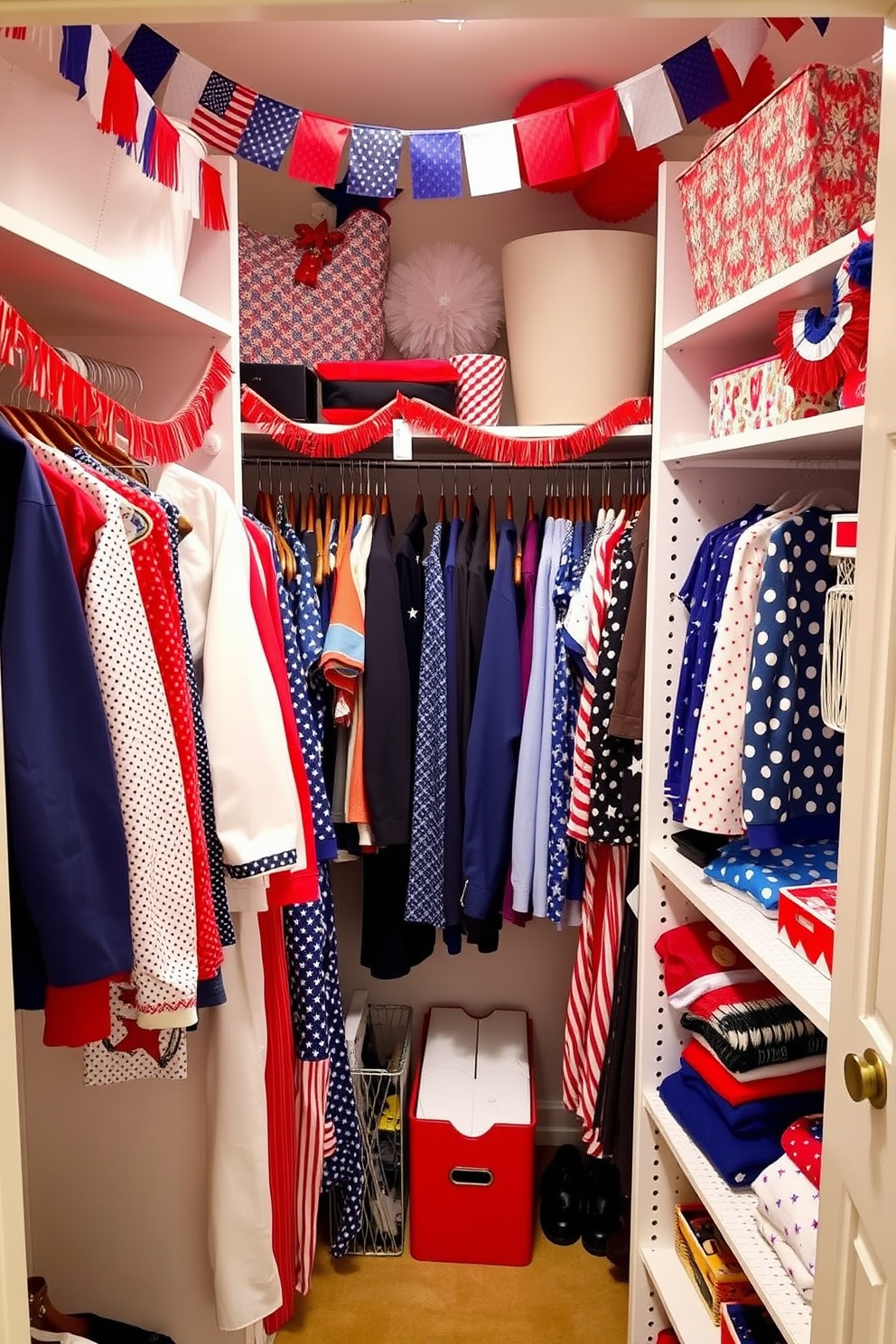 A vibrant and festive closet space adorned with colorful bunting strung along the shelves. The closet features red, white, and blue decorations to celebrate Independence Day, with neatly organized clothing and accessories that reflect the holiday spirit.