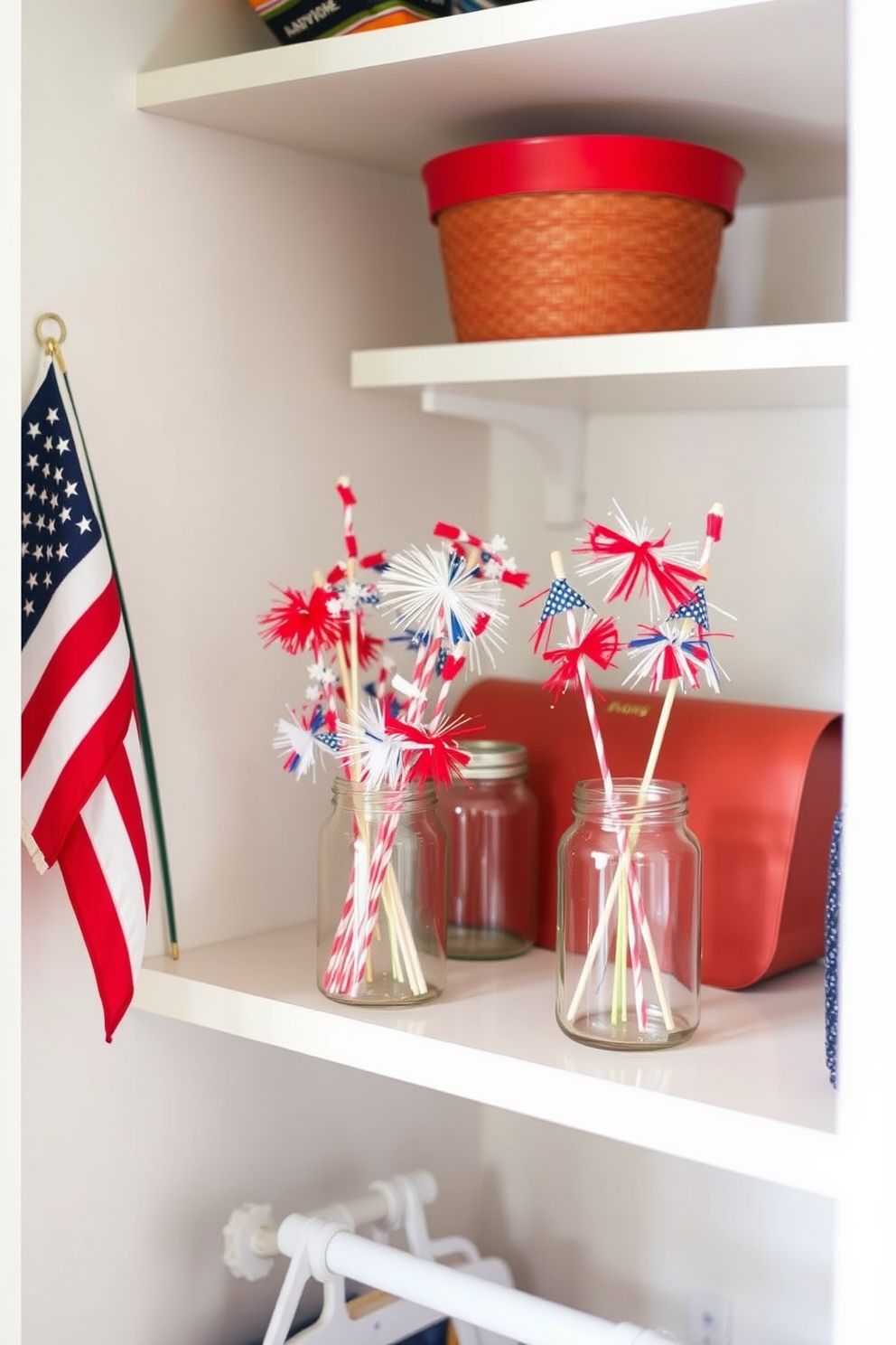 A festive closet space decorated for Independence Day features miniature fireworks arranged in clear glass jars. The jars are placed on a stylish shelf, adding a pop of color and celebration to the closet's interior.