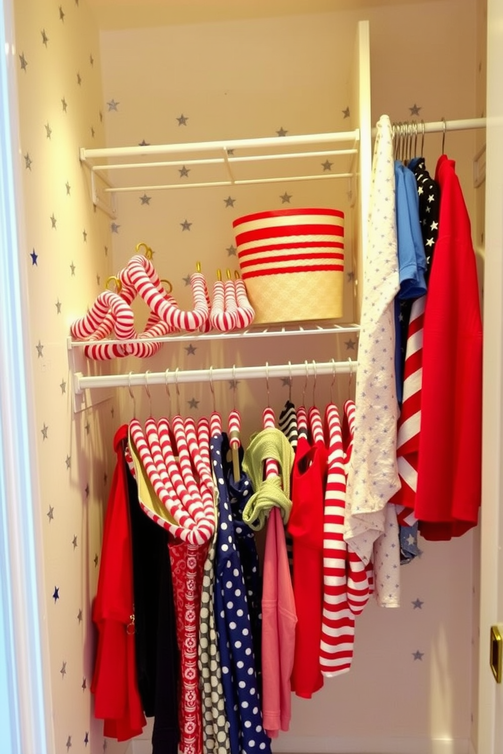 Create a vibrant closet space themed around Independence Day. The closet features red and white striped hangers neatly arranged, showcasing a collection of festive outfits and accessories. The walls are adorned with subtle stars and stripes patterns, creating a patriotic atmosphere. Soft lighting highlights the hangers and adds a warm glow to the overall design.