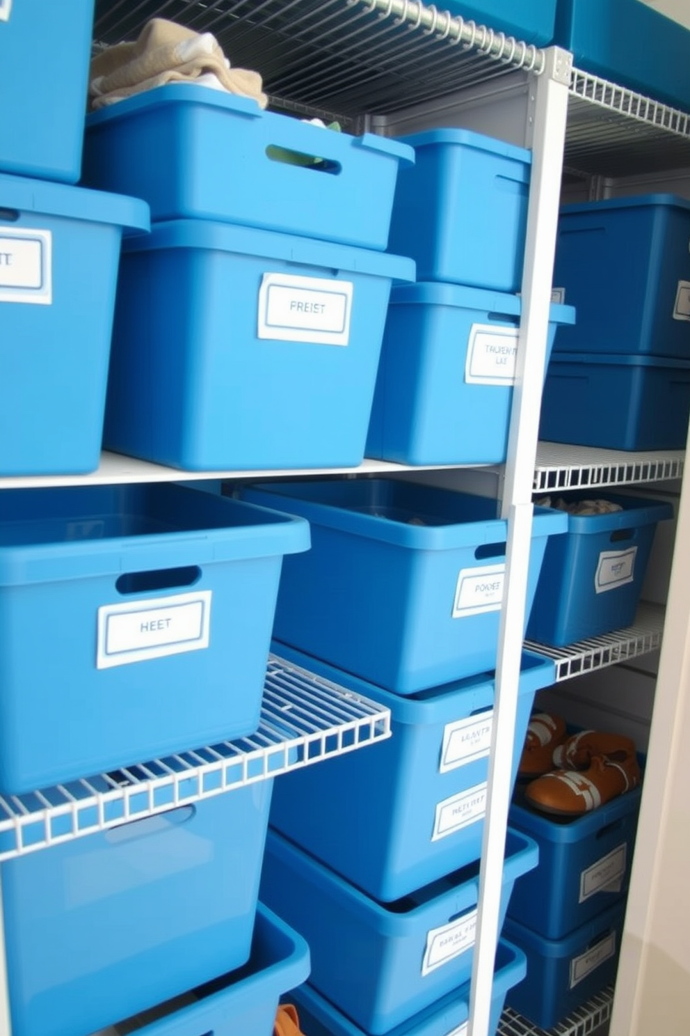 Create a vibrant and organized closet space featuring blue storage boxes neatly stacked on shelves. Each box has a white label displaying its contents, adding a touch of charm and practicality to the decor.