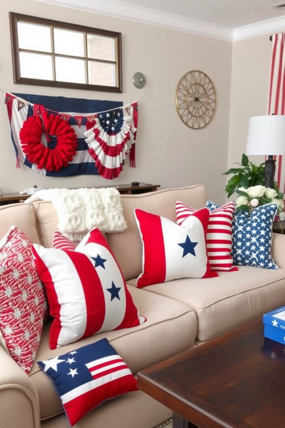 A patriotic table setting for Independence Day featuring a vibrant red tablecloth topped with a white lace overlay. The table is adorned with blue and white dishes, star-shaped napkin holders, and small American flags placed in decorative jars.