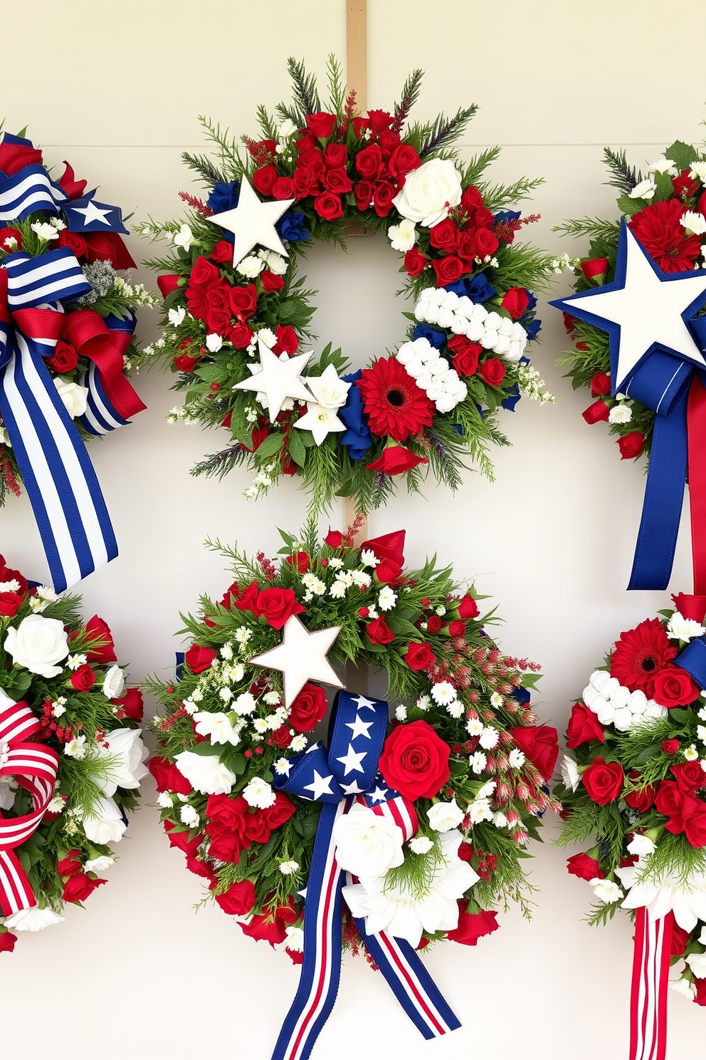 A collection of decorative wreaths featuring red white and blue colors perfect for Independence Day celebrations. Each wreath is adorned with stars and stripes ribbons alongside seasonal flowers to create a festive atmosphere.