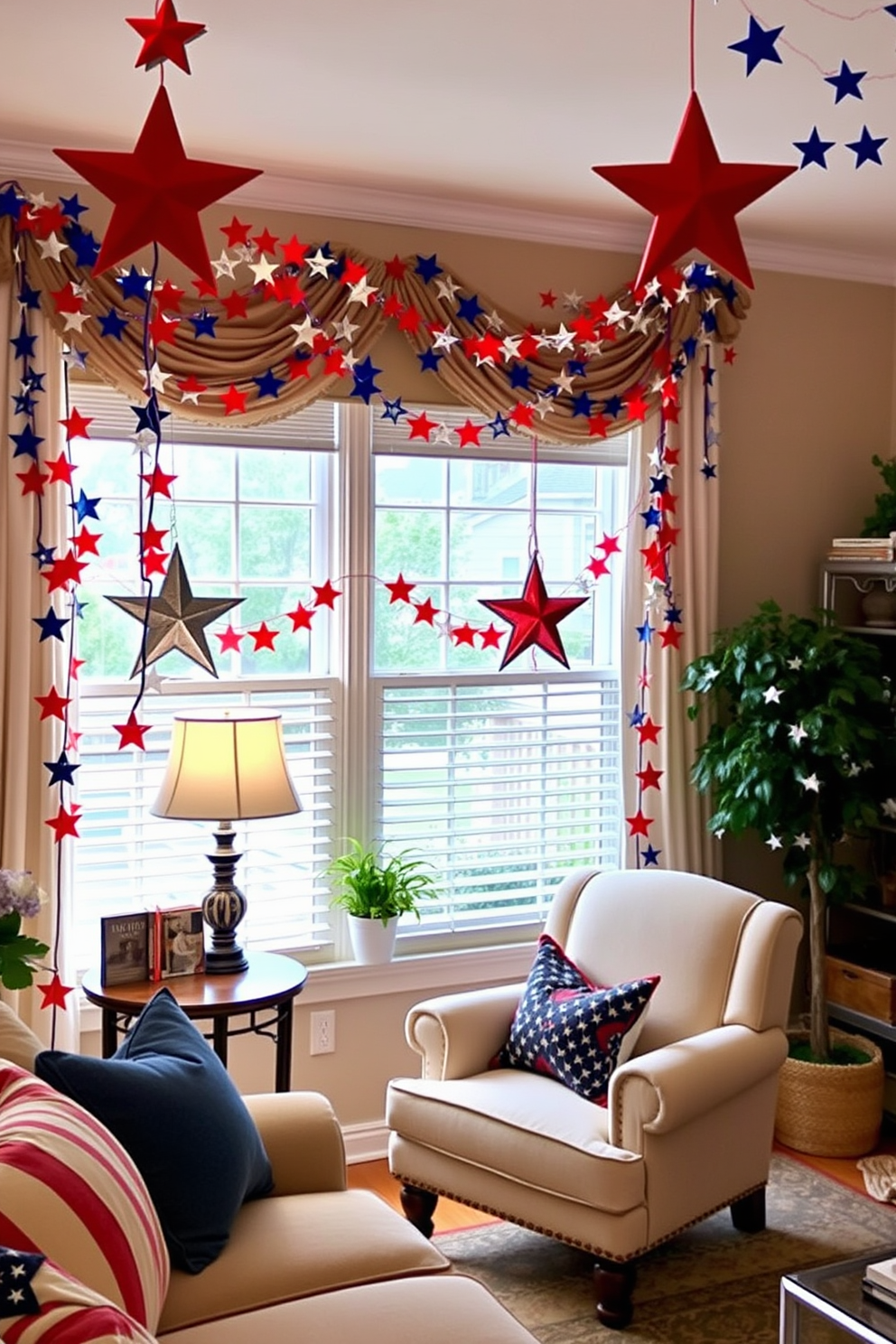 A festive living room adorned with star garlands draped elegantly over the furniture. The garlands feature red white and blue stars creating a patriotic atmosphere perfect for Independence Day celebrations. A cozy reading nook with a plush armchair and a small side table. The star garlands hang gracefully above the armchair adding a whimsical touch to the festive decor.