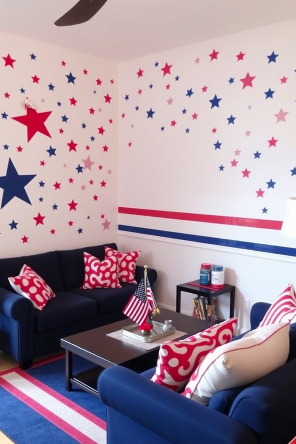 A festive room adorned with patriotic garlands hanging from the ceilings. The garlands feature red white and blue colors creating a vibrant atmosphere for Independence Day celebrations.