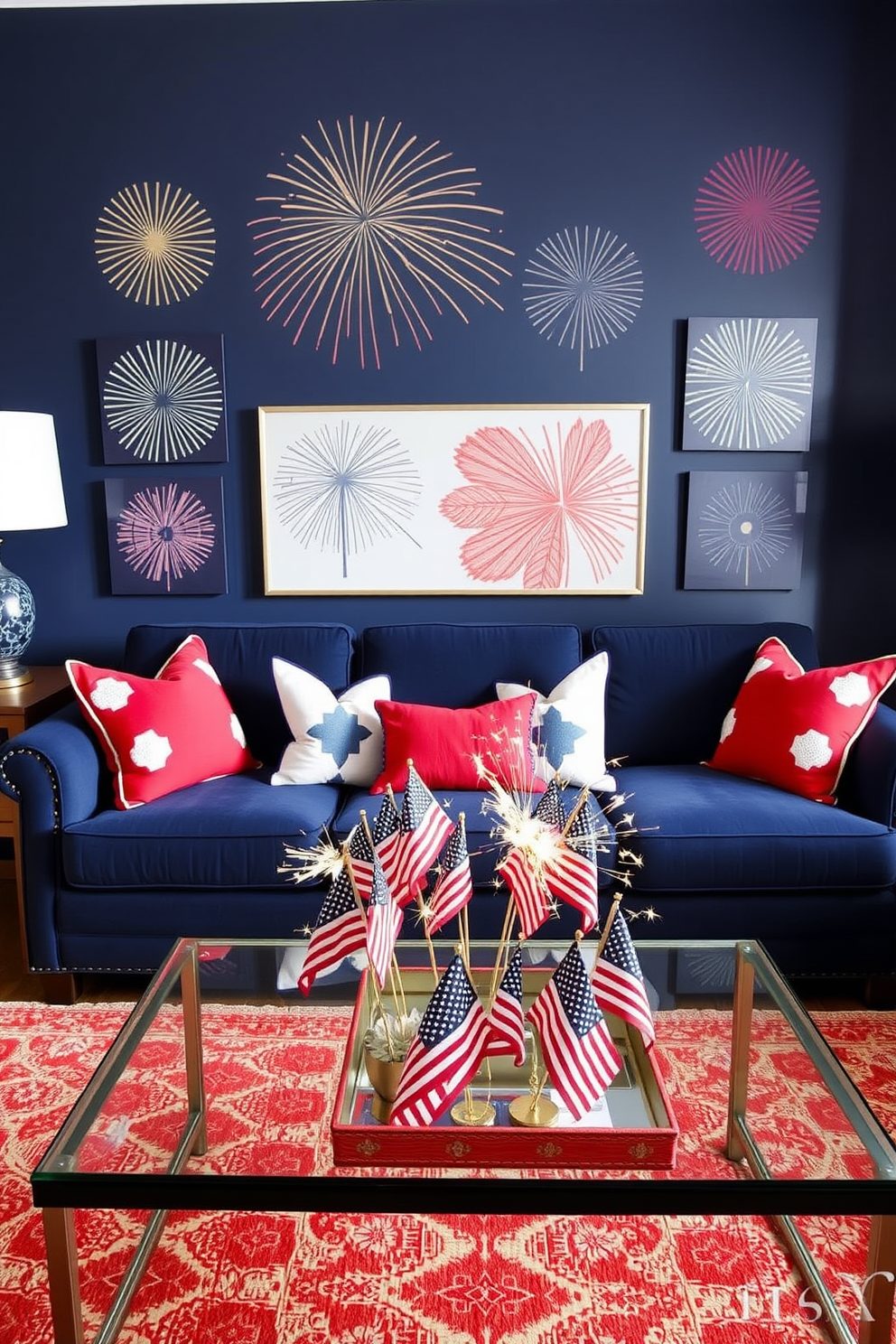 Create a vibrant living room featuring firework inspired wall art pieces that celebrate Independence Day. The room includes a plush navy blue sofa adorned with red and white throw pillows, and a coffee table with a centerpiece of miniature flags and sparklers.