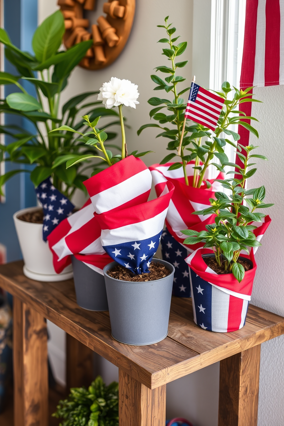 A vibrant living space adorned with potted plants wrapped in flag fabric to celebrate Independence Day. The plants are arranged on a rustic wooden shelf, creating a festive and inviting atmosphere.