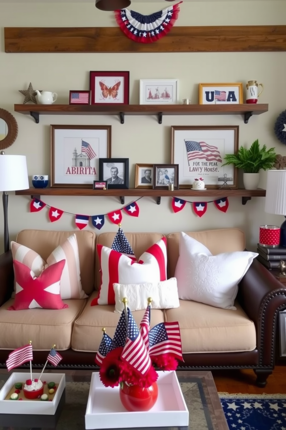 Create a cozy living room setting that features patriotic themed picture frames displayed on wooden shelves. The frames contain images of iconic American symbols and are complemented by red white and blue decor elements throughout the space. Incorporate festive Independence Day decorations such as bunting and star-shaped accents. Add a comfortable sofa adorned with themed cushions and a coffee table decorated with small flags and seasonal flowers.